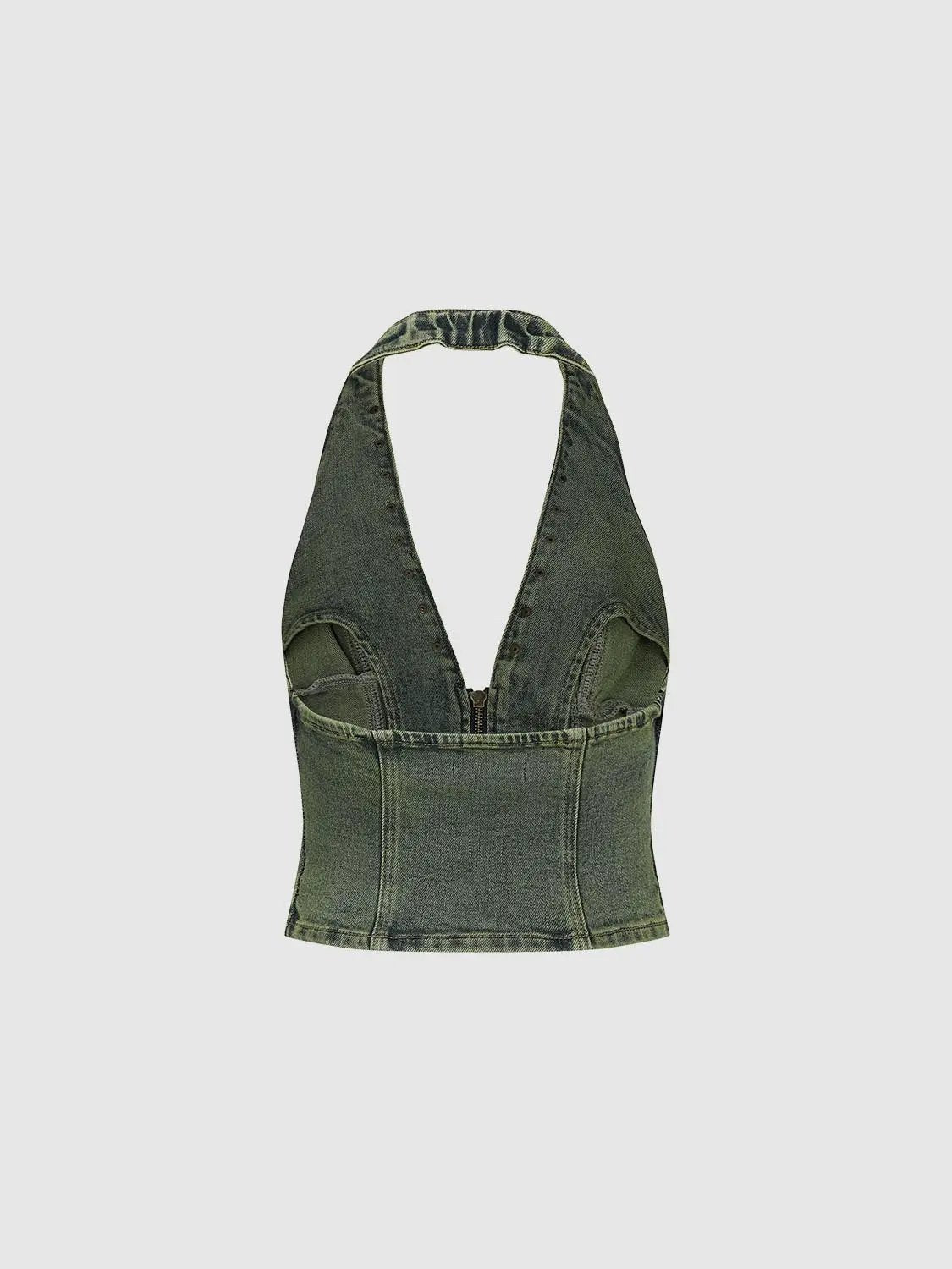 Cropped Studded Halter Zip Cotton Denim Shirt