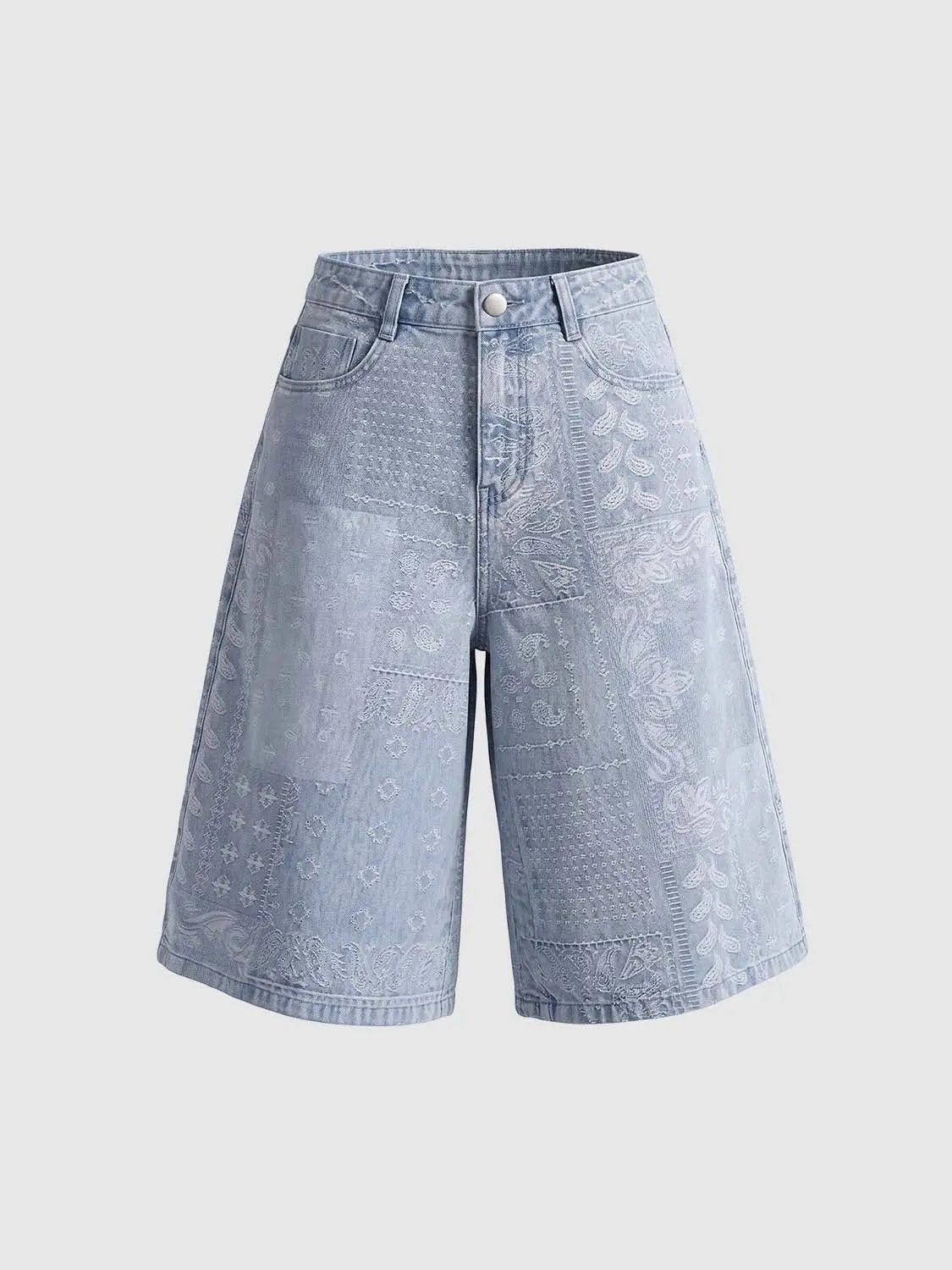 Patchwork Paisley Print Wide-leg Cotton Capri Jeans