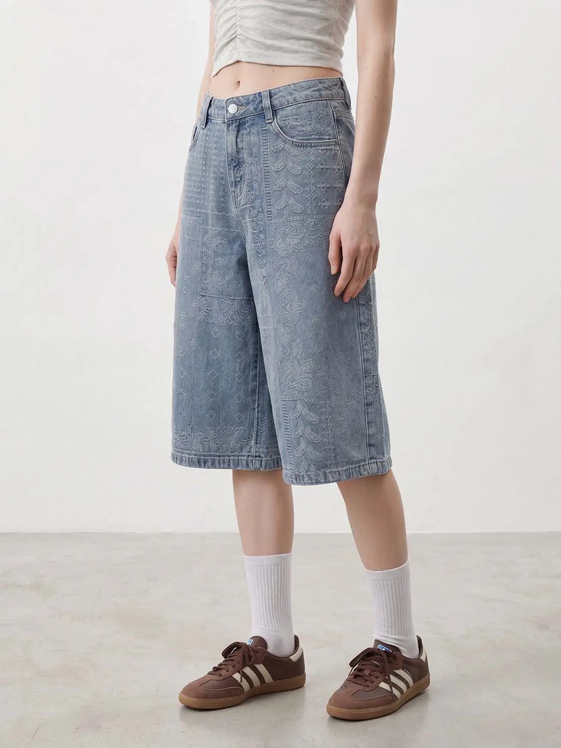 Patchwork Paisley Print Wide-leg Cotton Capri Jeans