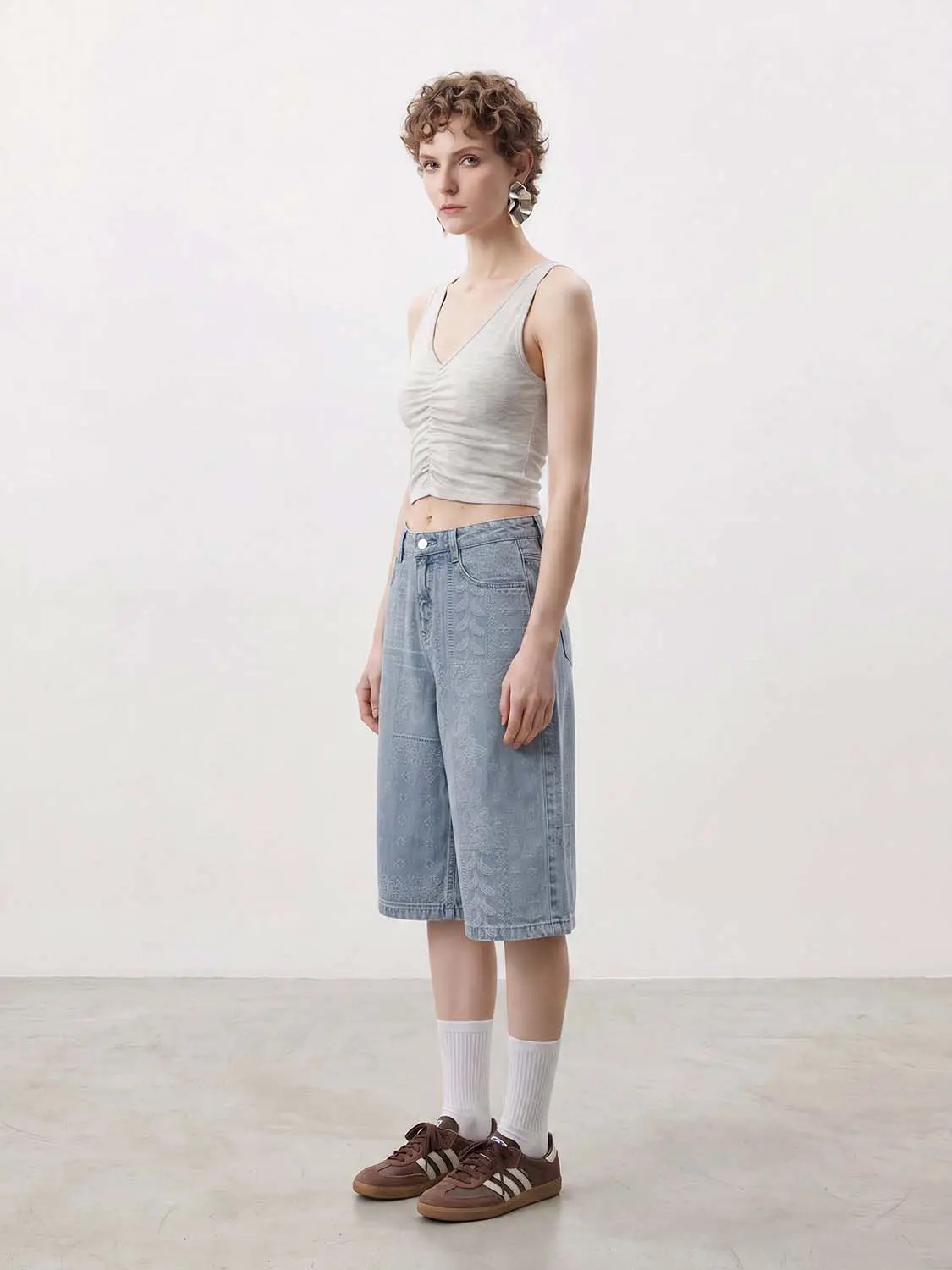 Patchwork Paisley Print Wide-leg Cotton Capri Jeans