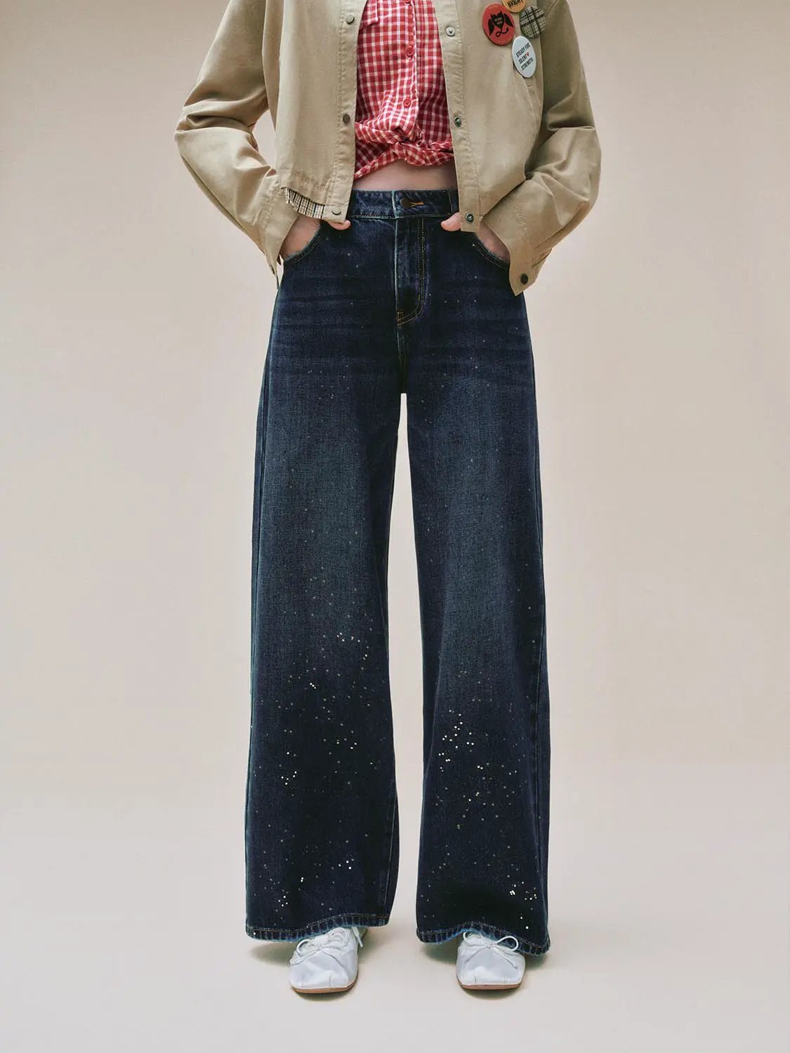 Wash Printed High-waisted Wide-leg Cotton Jeans
