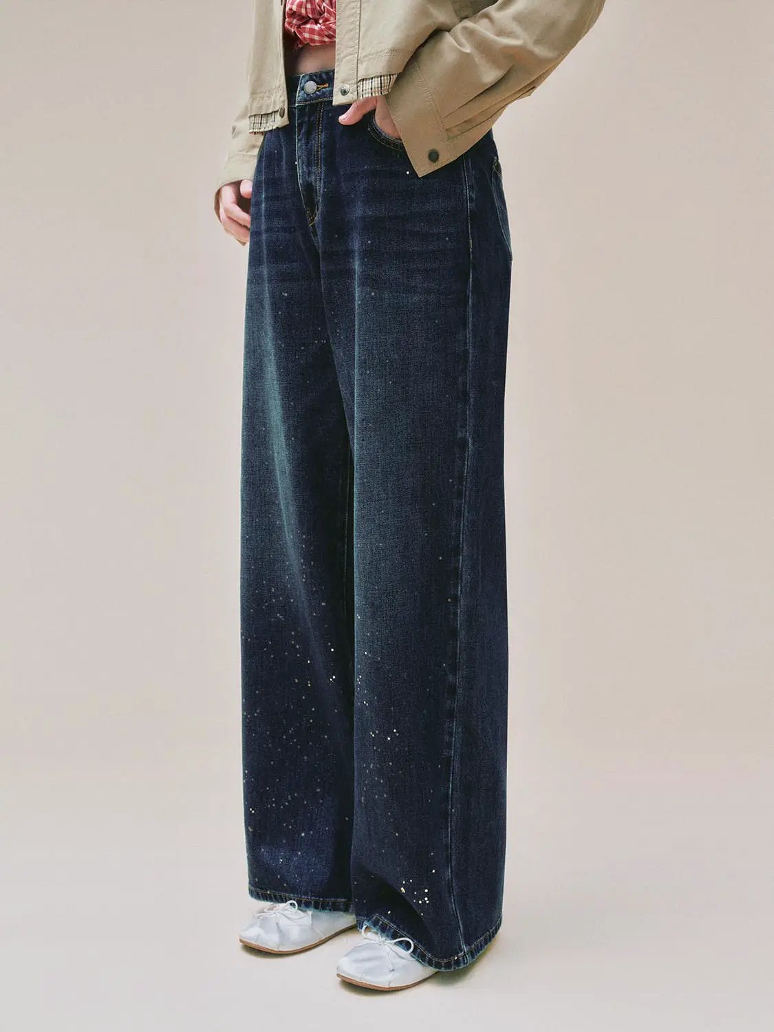 Wash Printed High-waisted Wide-leg Cotton Jeans