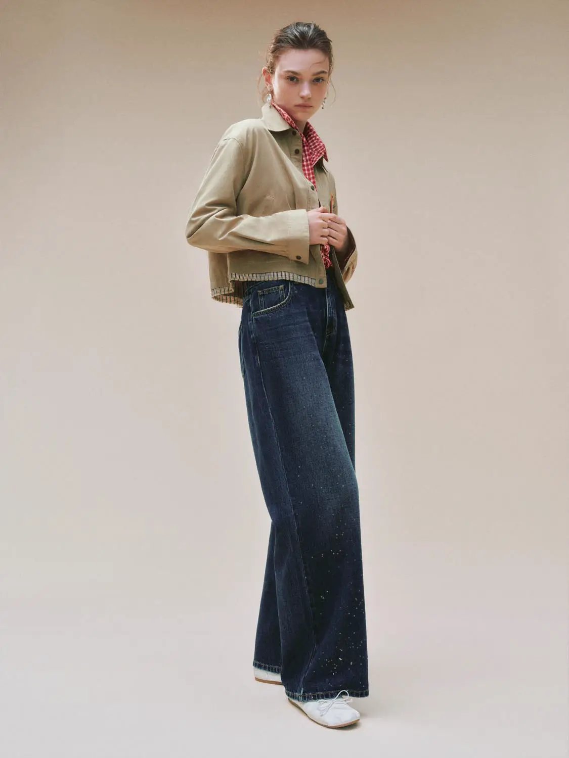 Wash Printed High-waisted Wide-leg Cotton Jeans