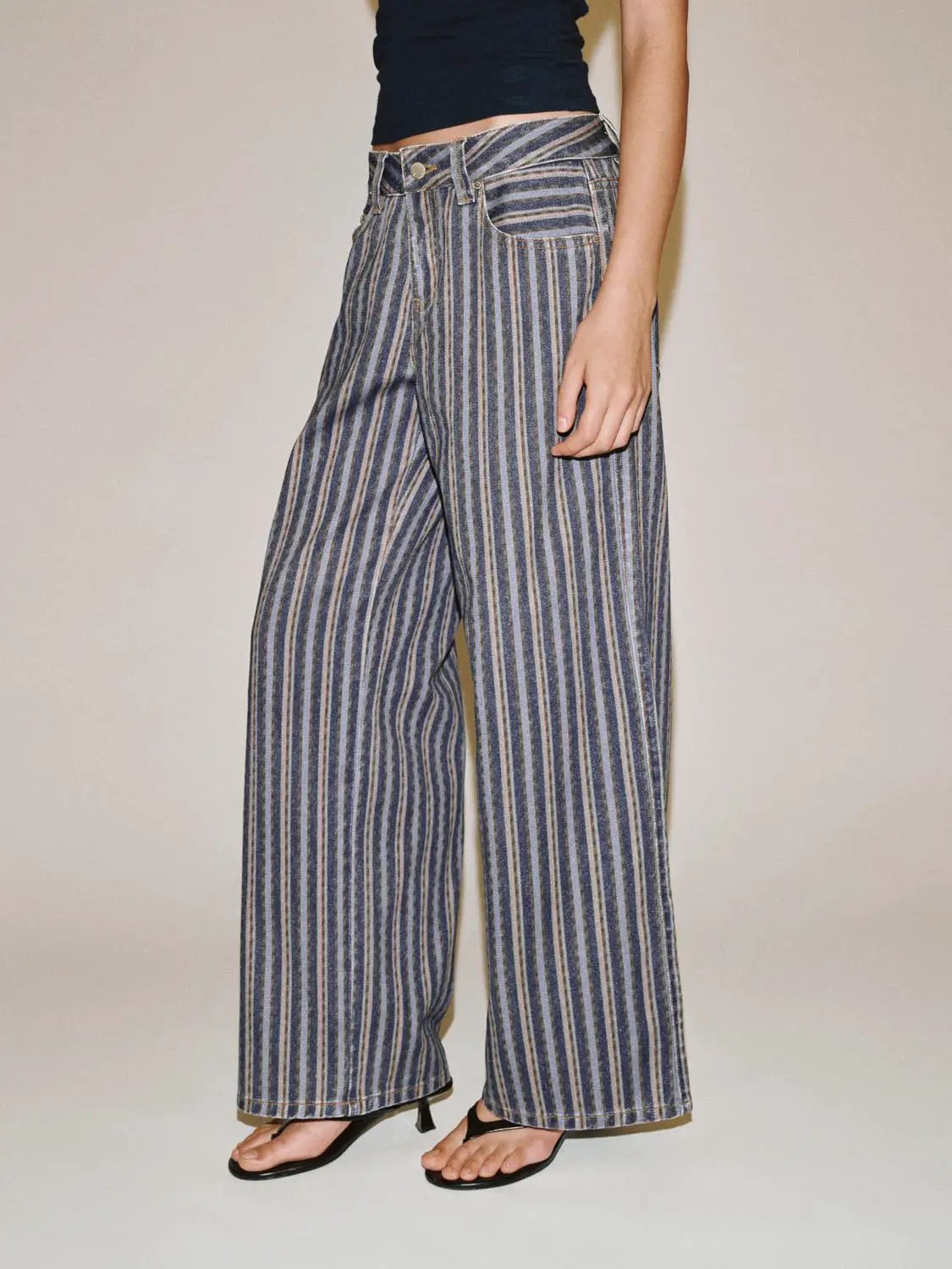Medium Weight Striped Cotton Wide-leg Pants