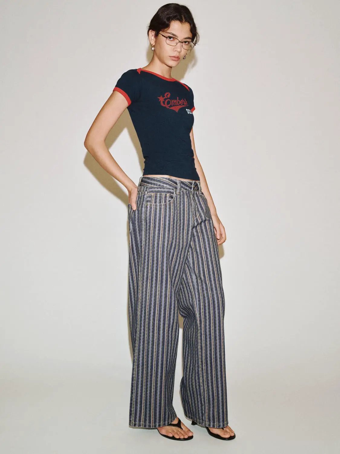 Medium Weight Striped Cotton Wide-leg Pants