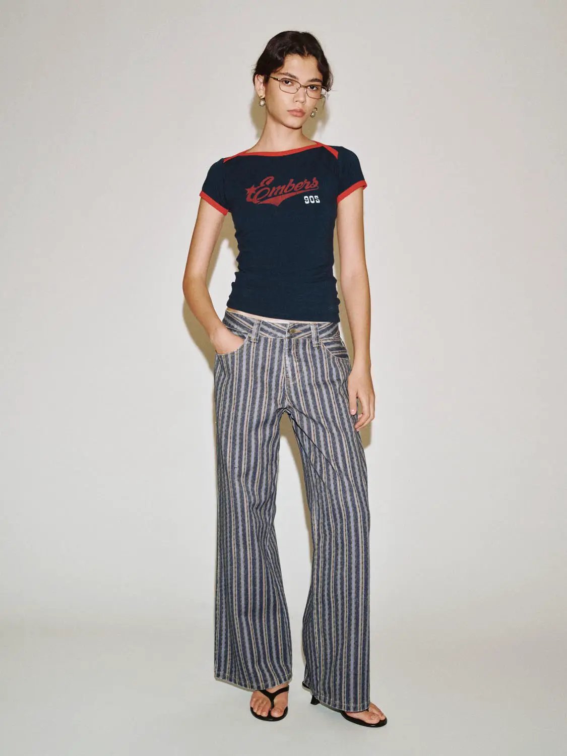 Medium Weight Striped Cotton Wide-leg Pants