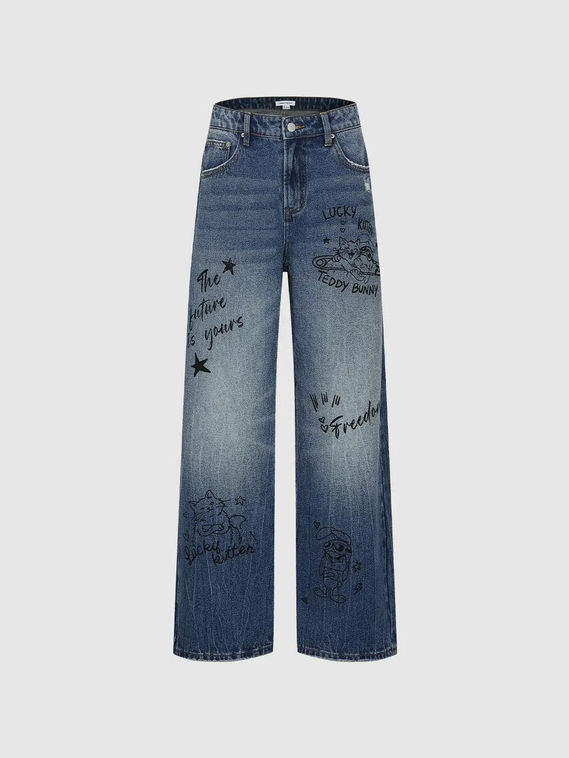Graphic Print High-waisted Wide-leg Cotton Jeans