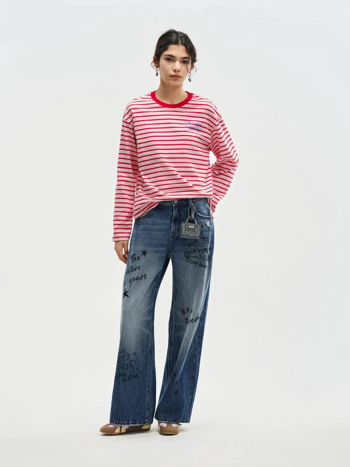Graphic Print High-waisted Wide-leg Cotton Jeans