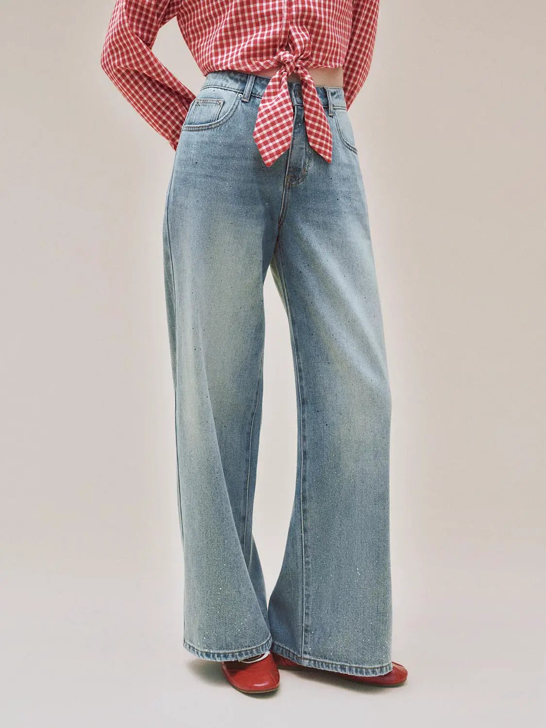 Light Wash High-waisted Wide-leg Cotton Jeans