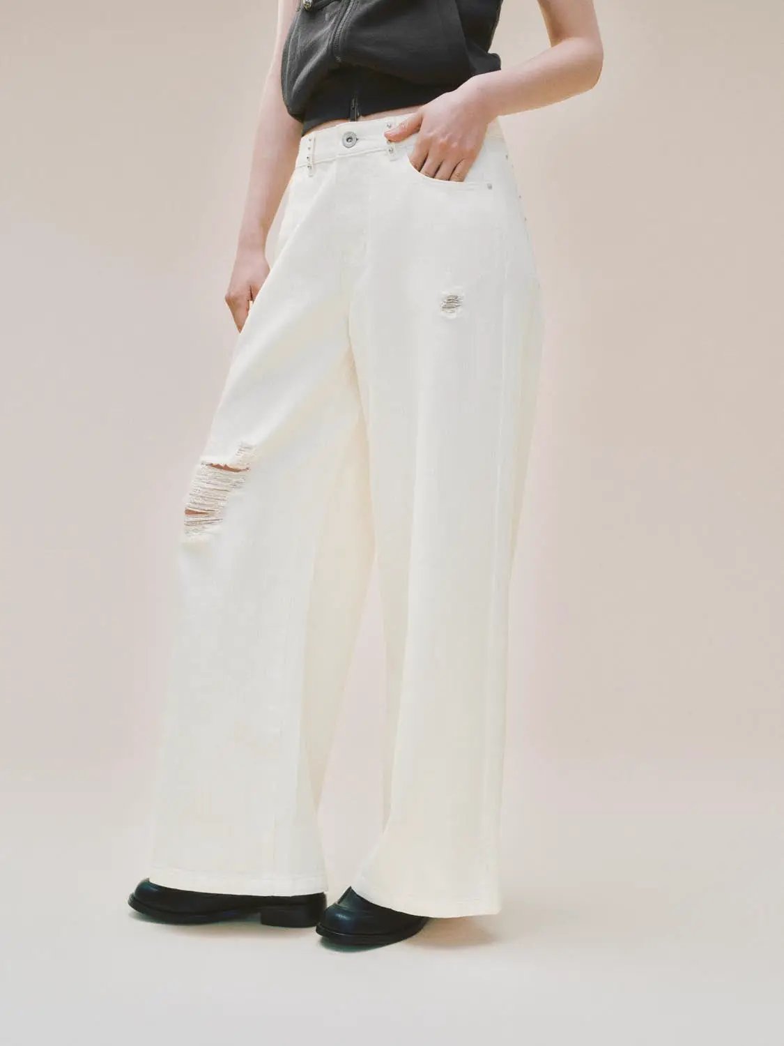 Low-rise Distressed Ripped Cotton Wide-leg Pants
