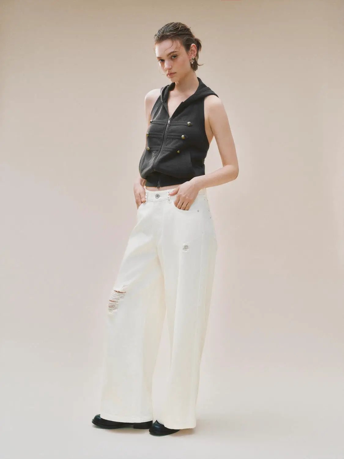 Low-rise Distressed Ripped Cotton Wide-leg Pants
