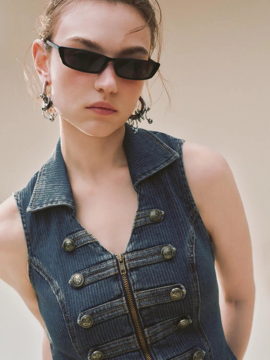 Fitted Zip Front Button Trim Shirt Collar Denim Vest