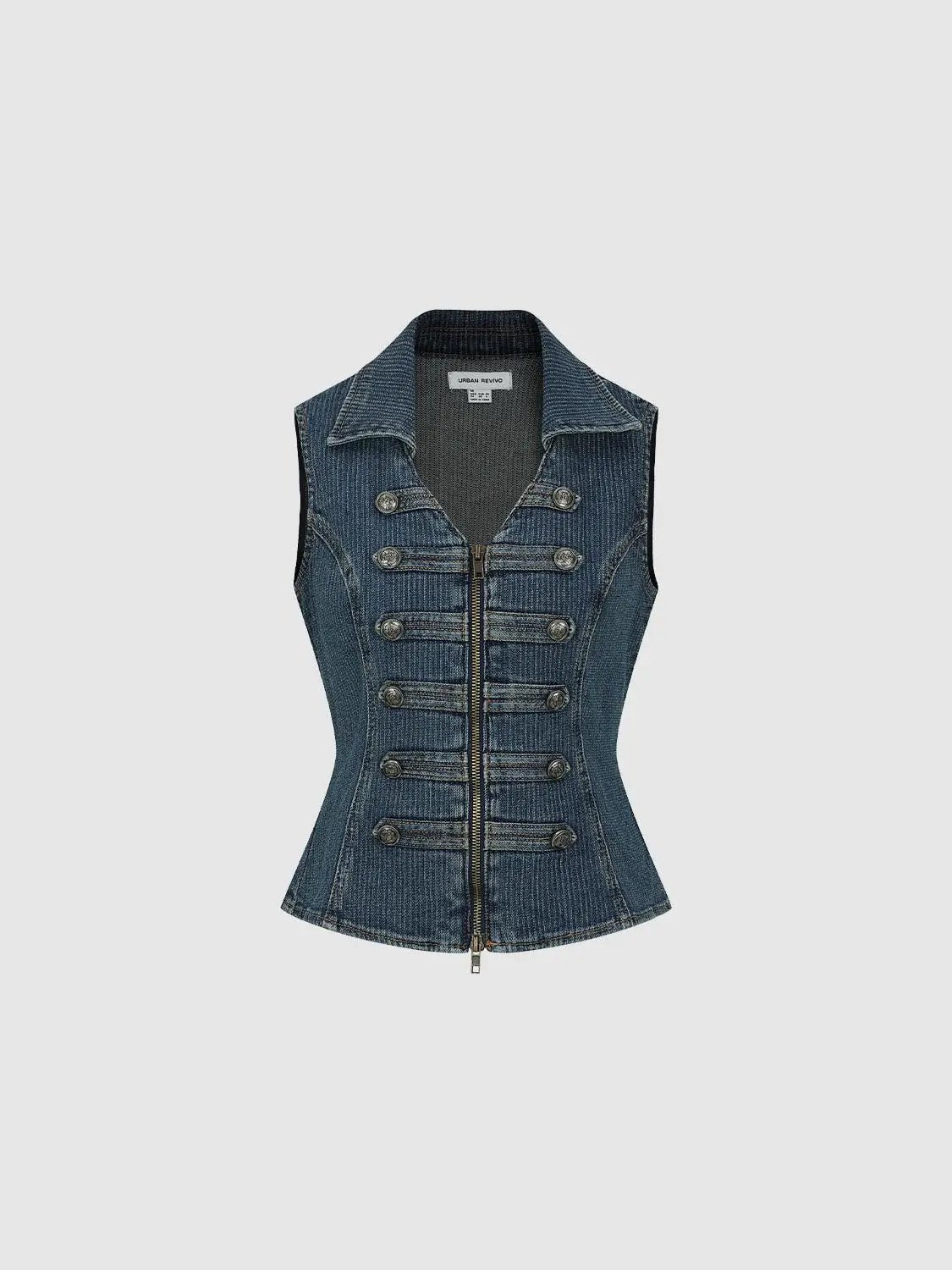 Fitted Zip Front Button Trim Shirt Collar Denim Vest