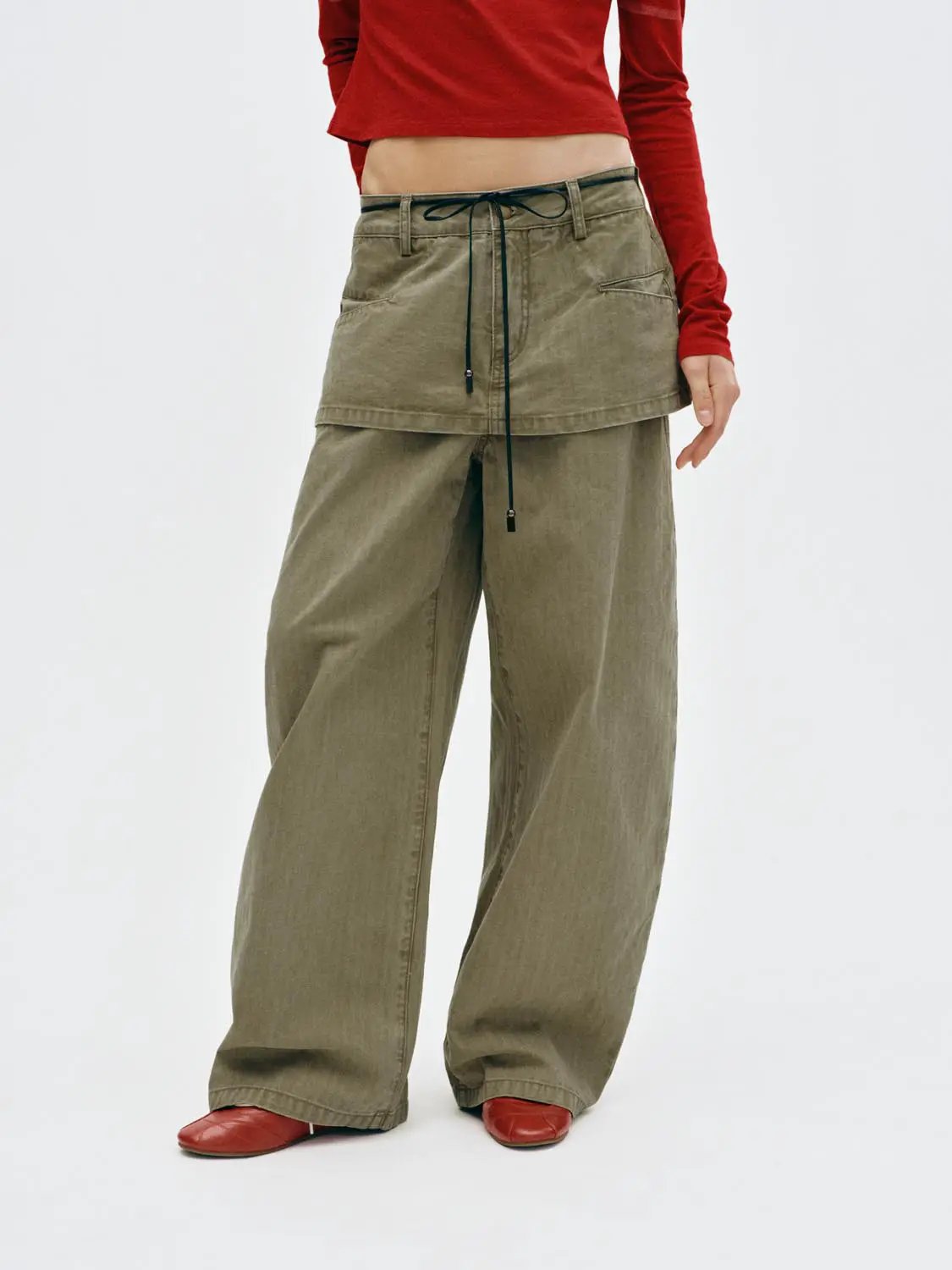 Pleated Drawstring Cotton Wide-leg Pants
