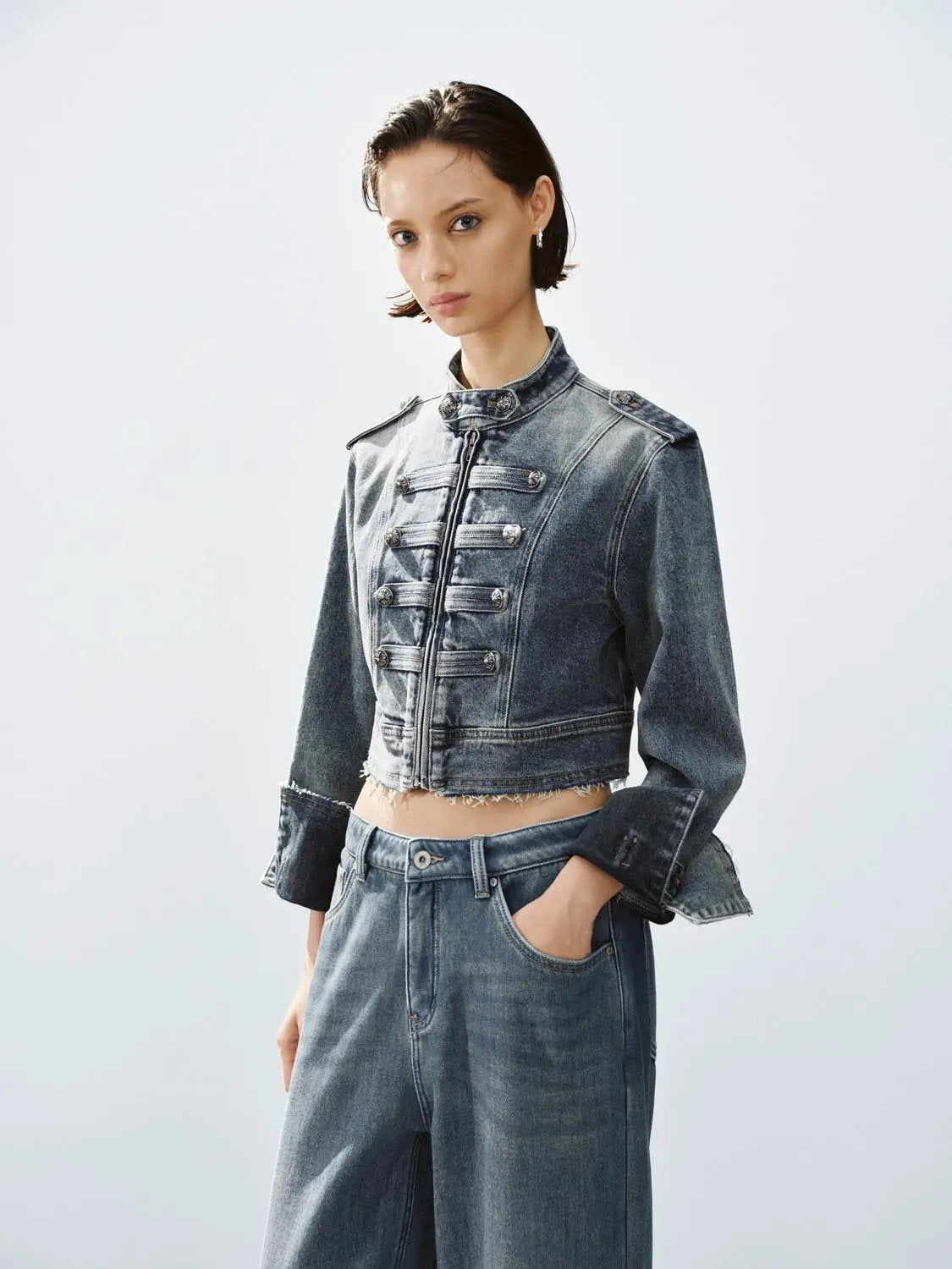 Cropped Raw Hem Stand Collar Long Sleeve Cotton Jacket