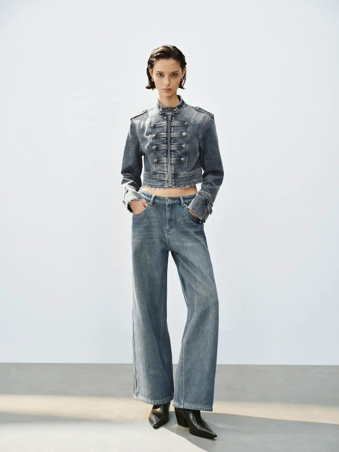 Cropped Raw Hem Stand Collar Long Sleeve Cotton Jacket