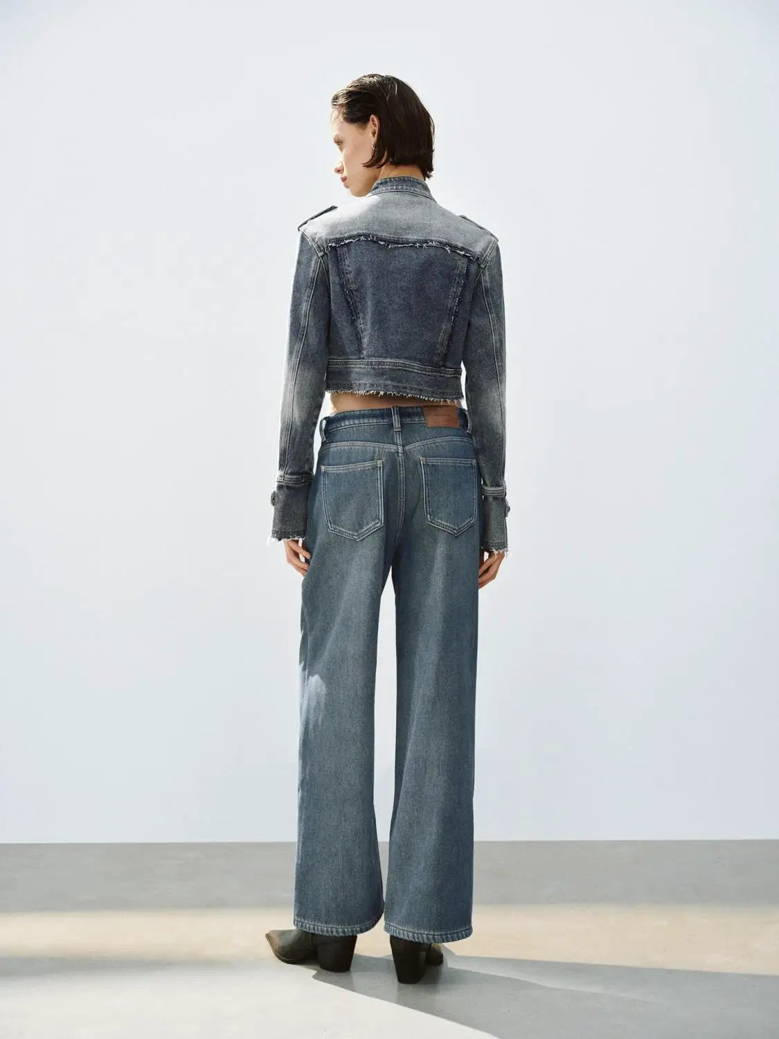 Cropped Raw Hem Stand Collar Long Sleeve Cotton Jacket