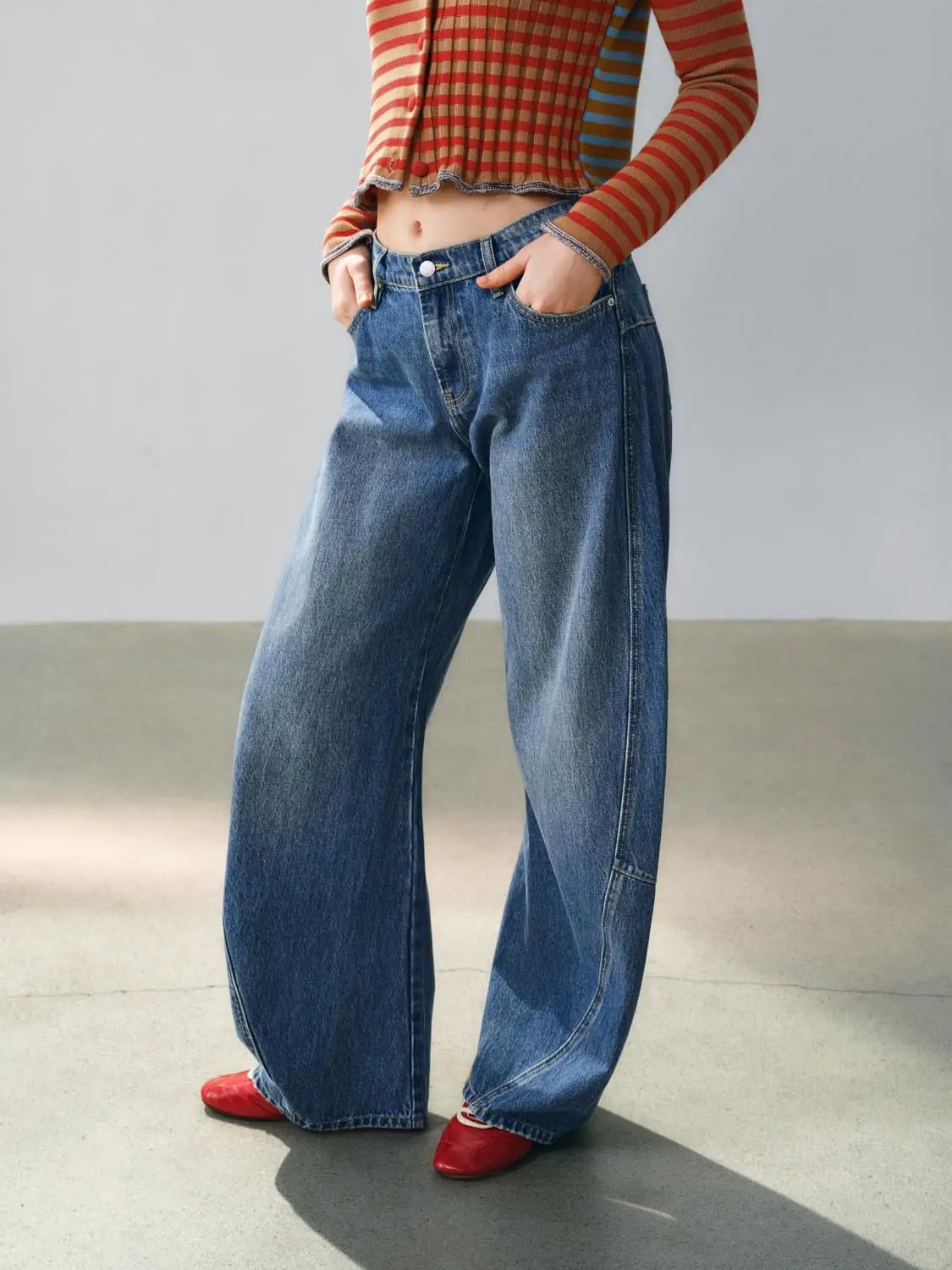 Five-pocket Panelled Faded Wide-leg Low-rise Cotton Jeans