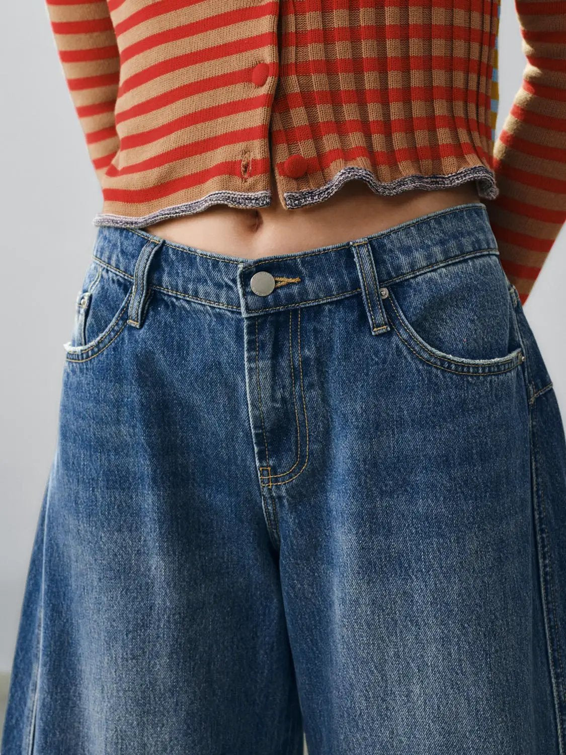 Five-pocket Panelled Faded Wide-leg Low-rise Cotton Jeans