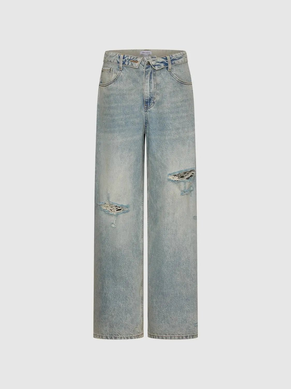Distressed Tie Waist Wide-leg Cotton Stretch Jeans