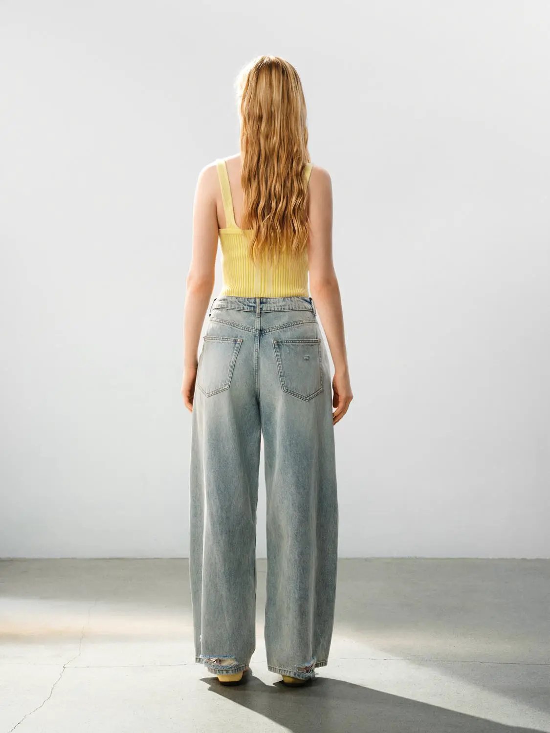 Distressed Tie Waist Wide-leg Cotton Stretch Jeans