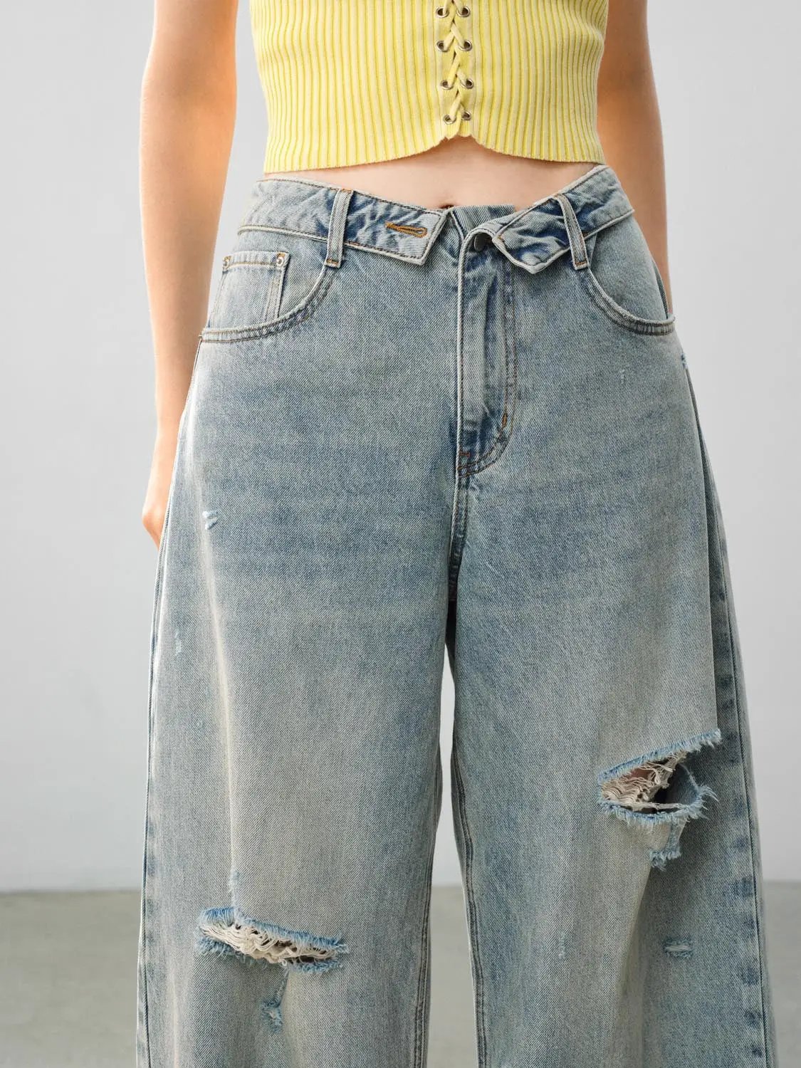 Distressed Tie Waist Wide-leg Cotton Stretch Jeans