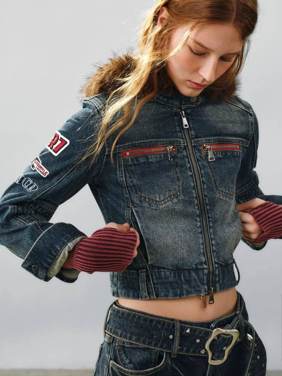 Wash Moto Ribbed Panel Long Sleeve Denim Jacket