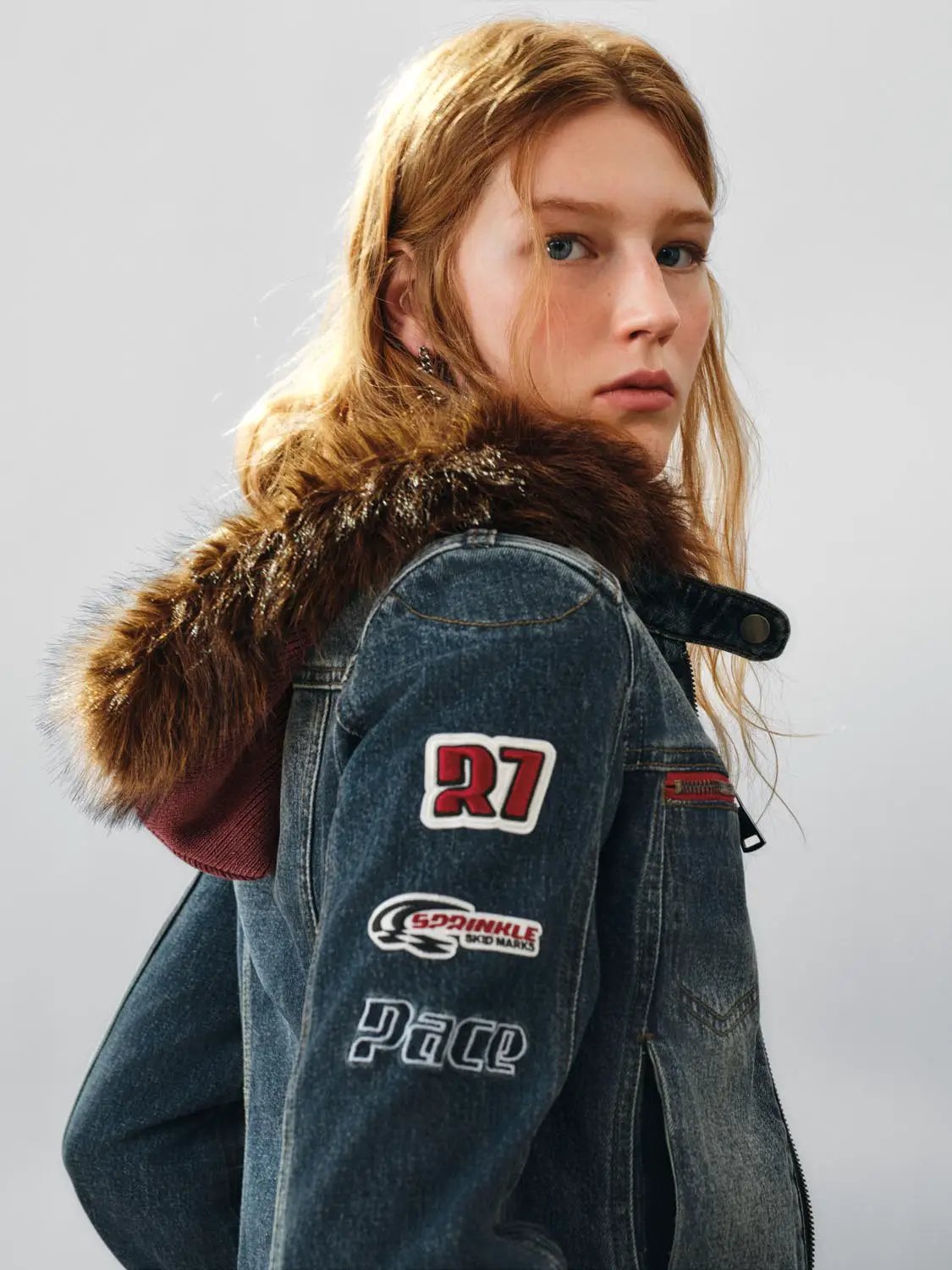 Wash Moto Ribbed Panel Long Sleeve Denim Jacket