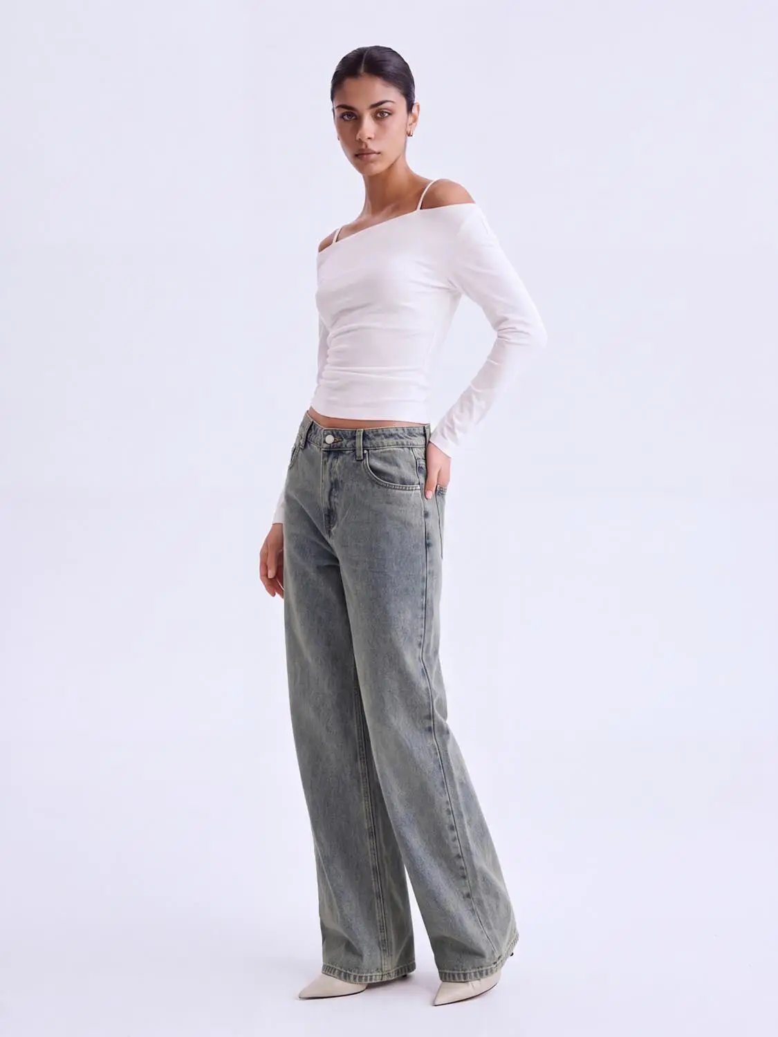 Faded Mid-rise Wide-leg Cotton Jeans