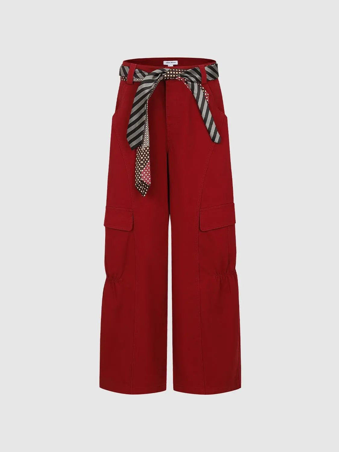 High-waisted Ruched Patterned Tie Waist Wide-leg Cotton Cargo Pants