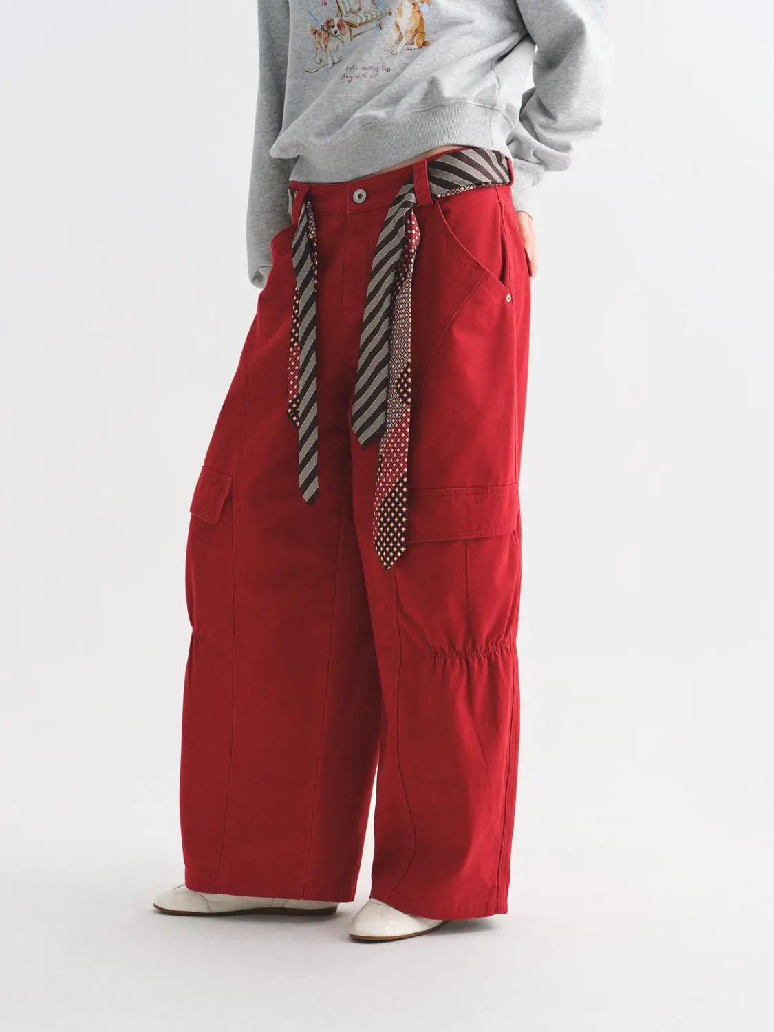 High-waisted Ruched Patterned Tie Waist Wide-leg Cotton Cargo Pants
