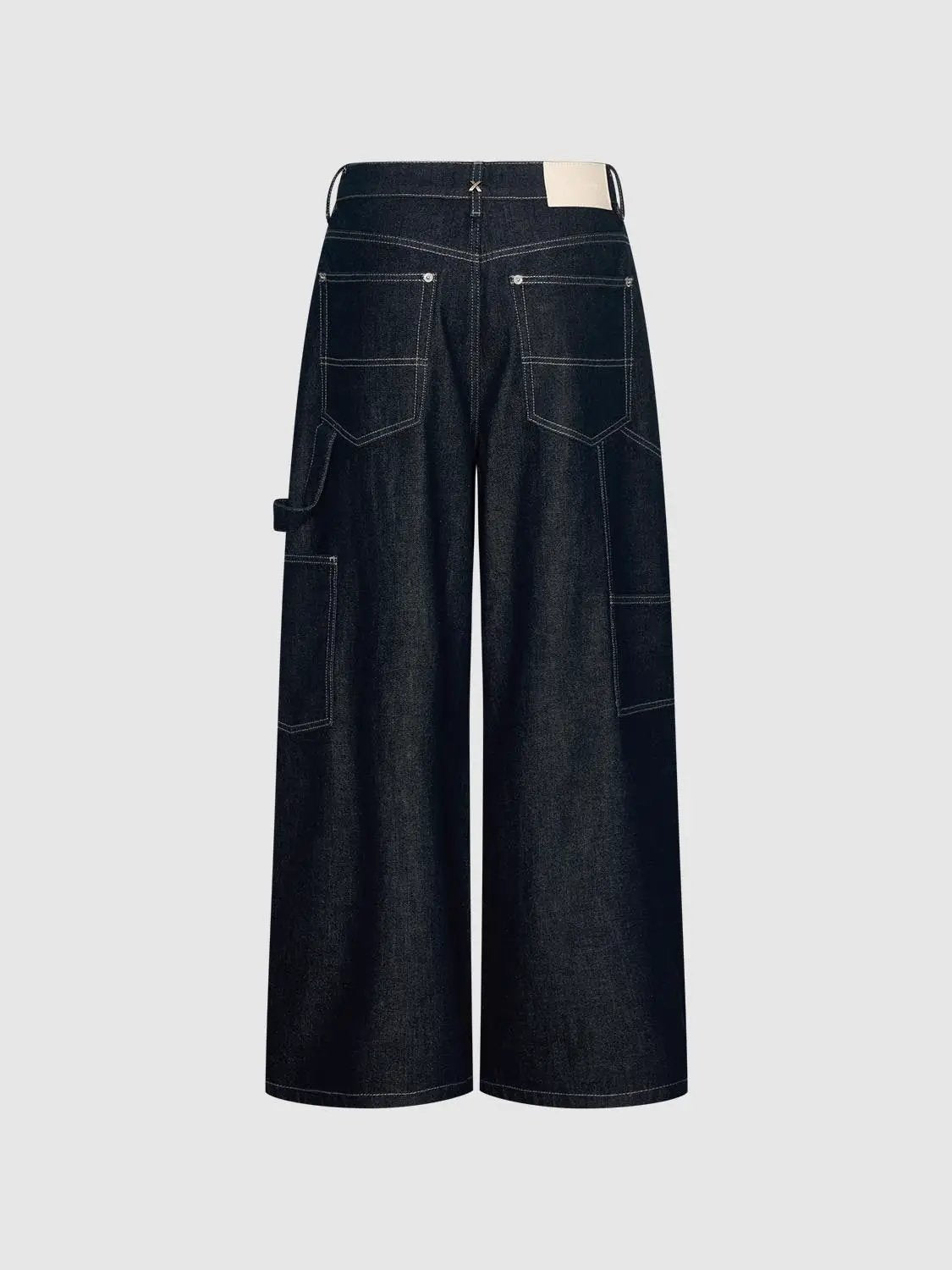 Wash High-waisted Wide-leg Contrast Stitch Cotton Jeans