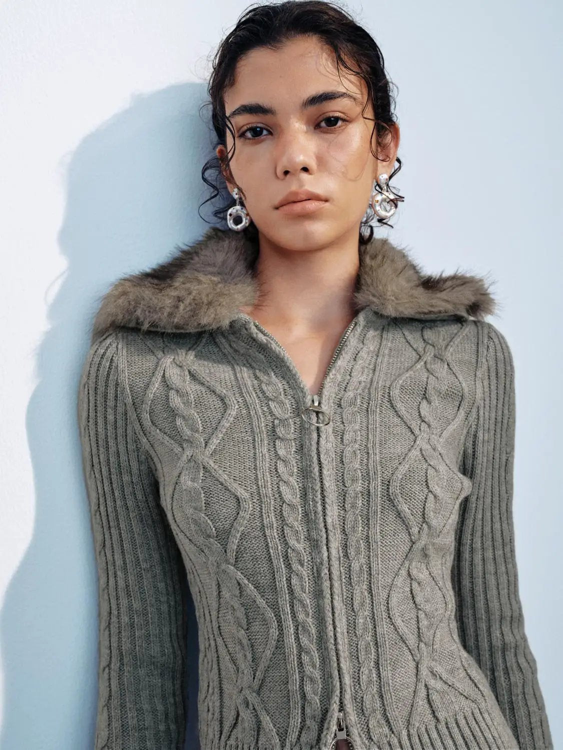 Cable Knit Shirt Collar Long Sleeve Zip Front Cropped Cardigan