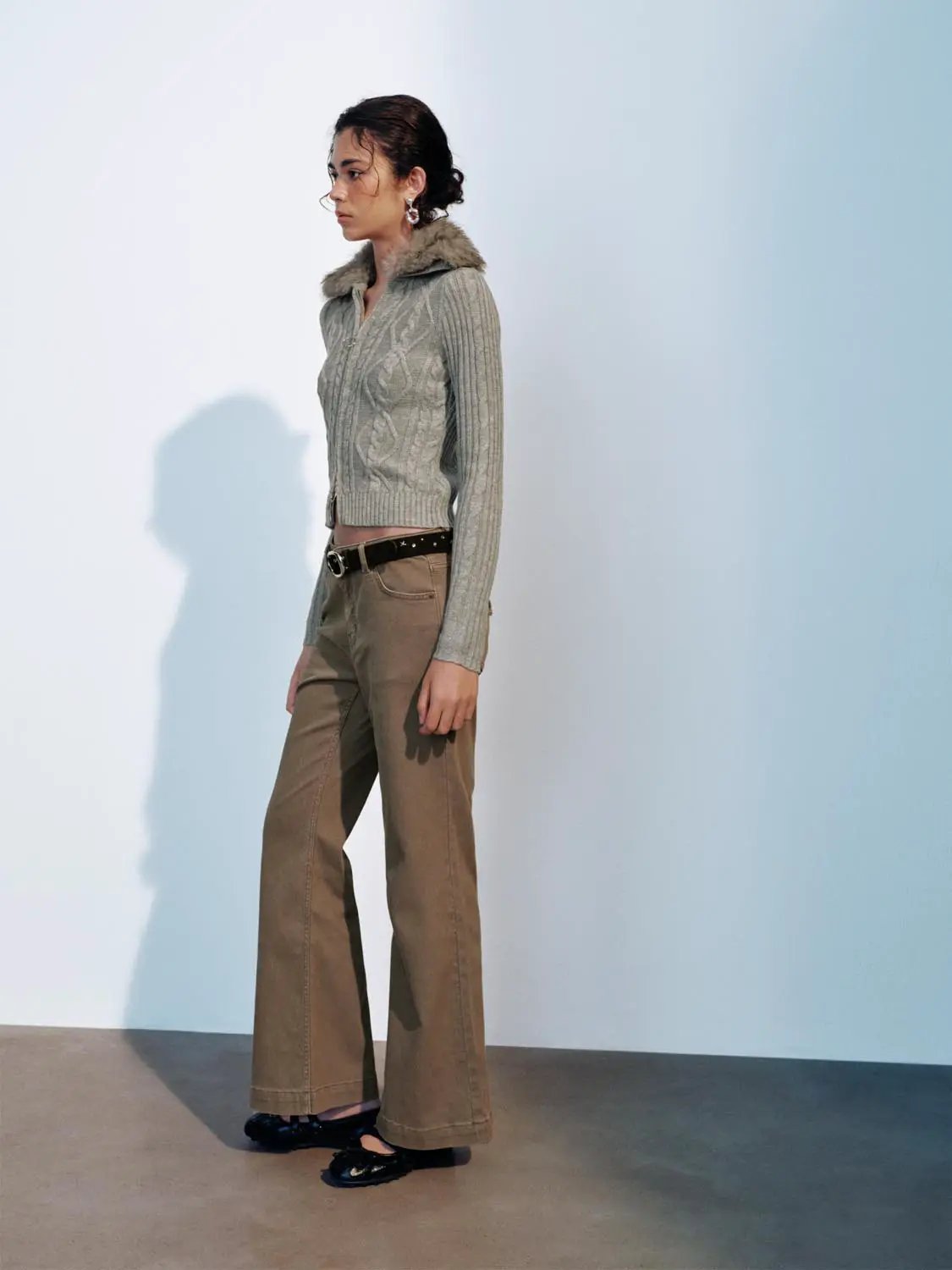 Cable Knit Shirt Collar Long Sleeve Zip Front Cropped Cardigan