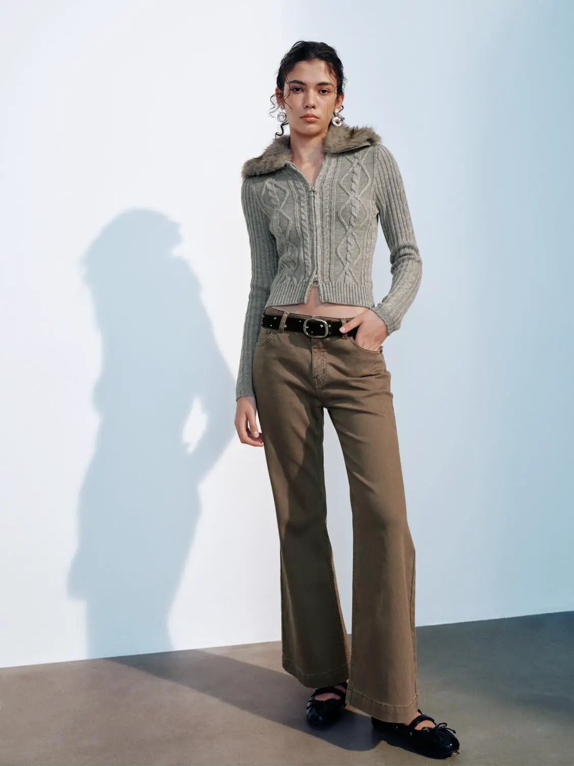 Cable Knit Shirt Collar Long Sleeve Zip Front Cropped Cardigan