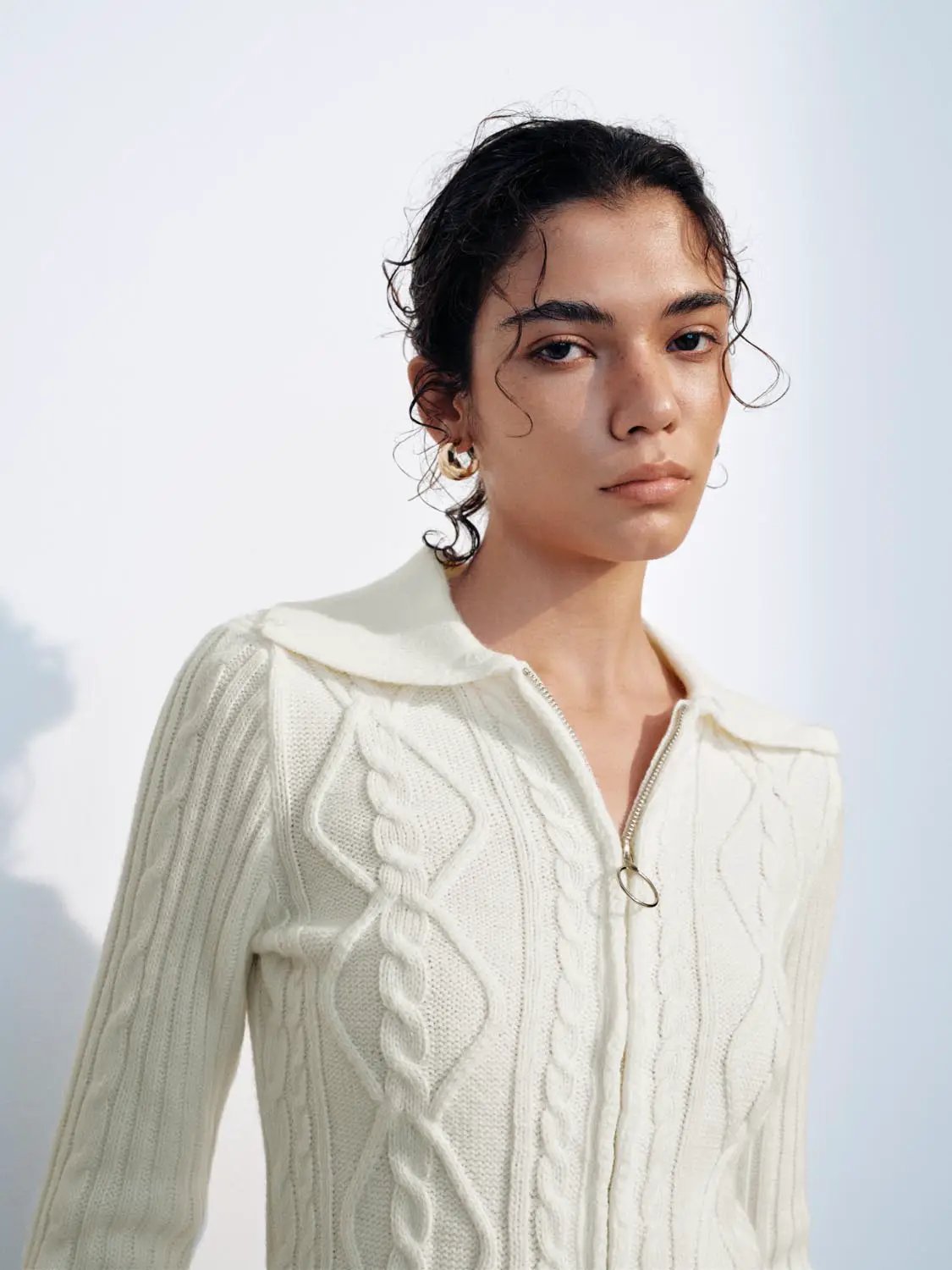 Cable Knit Shirt Collar Long Sleeve Zip Front Cropped Cardigan