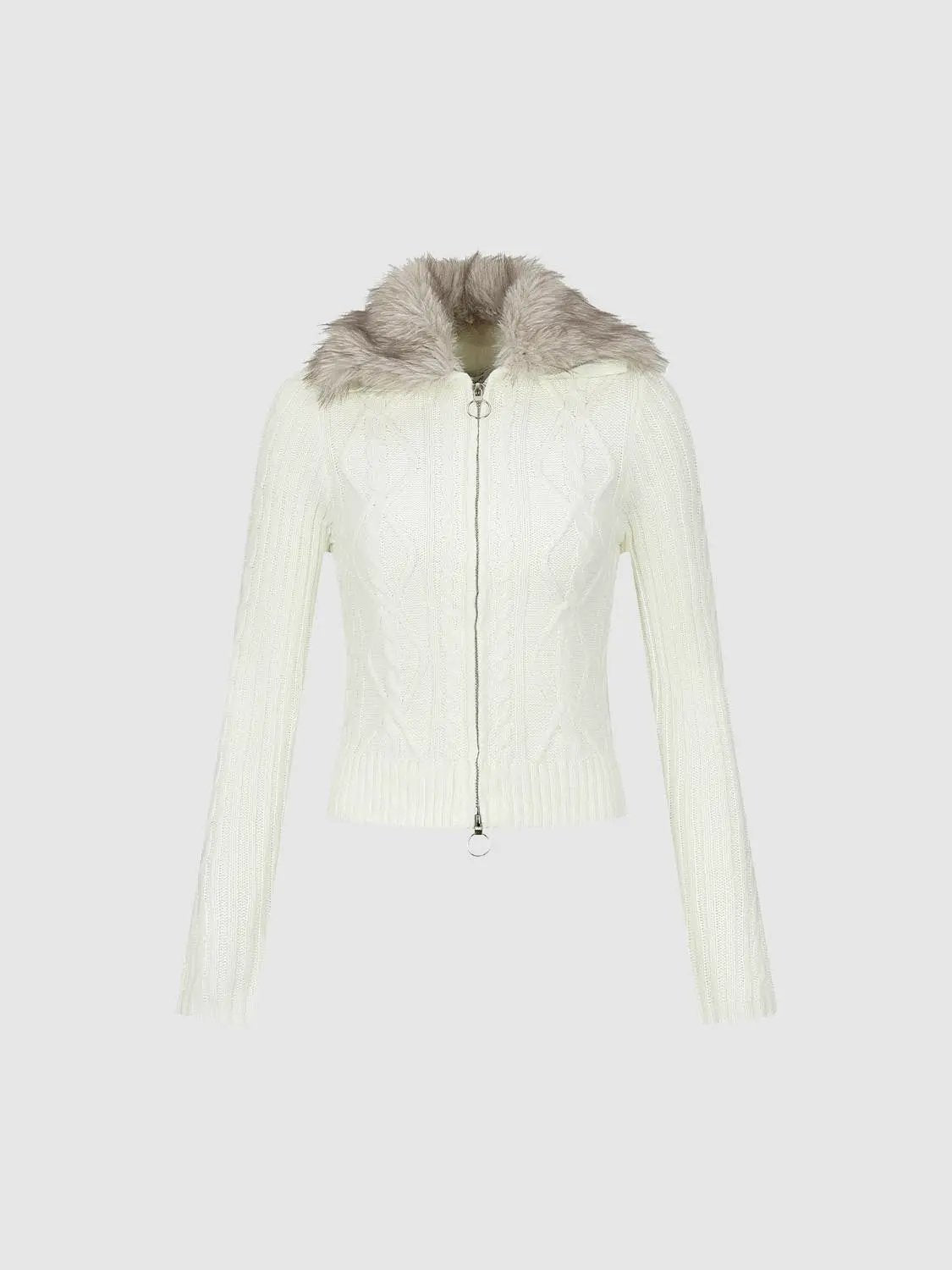 Cable Knit Shirt Collar Long Sleeve Zip Front Cropped Cardigan