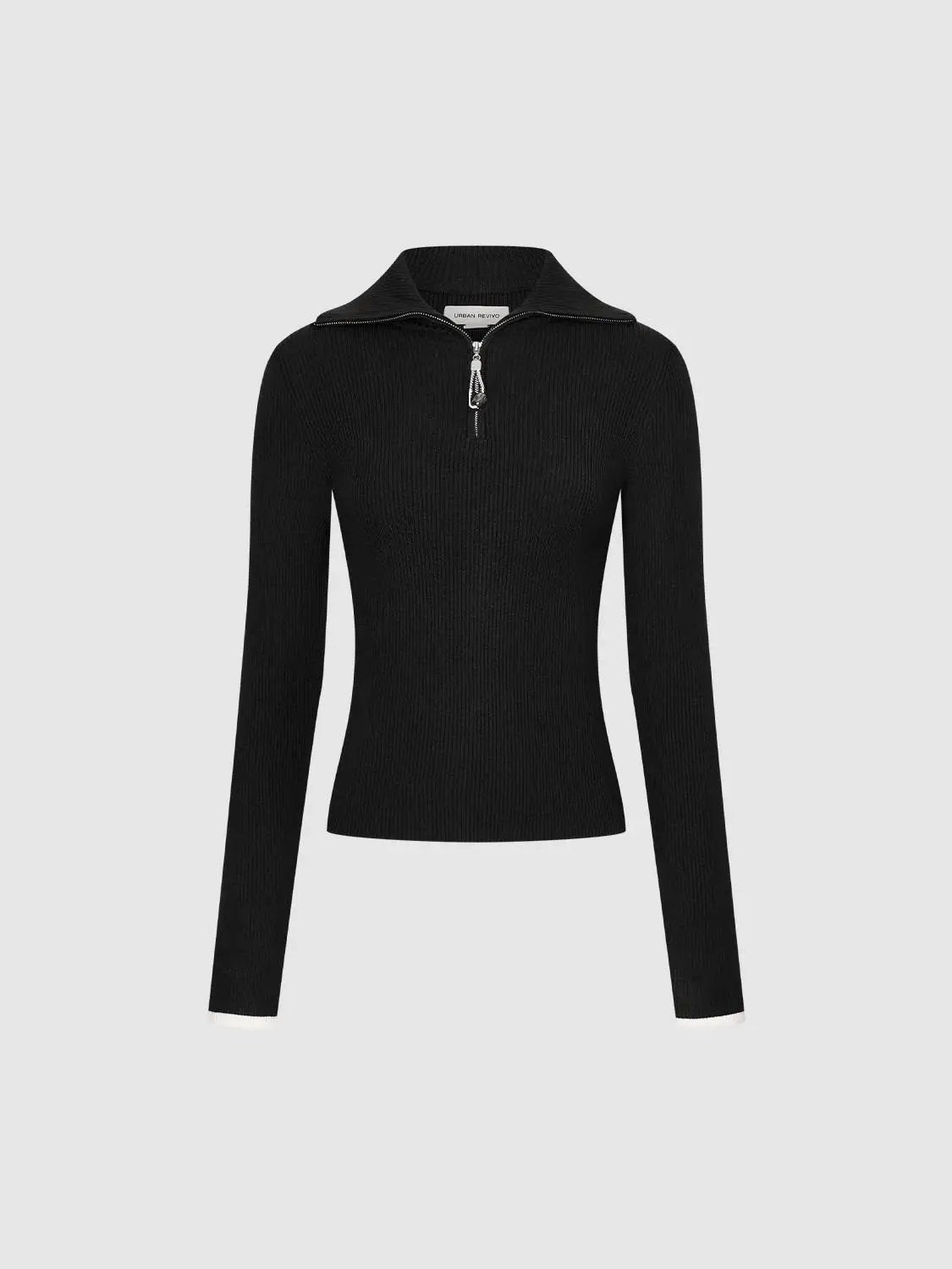 Ribbed Fitted Half Zip Long Sleeve Sweater