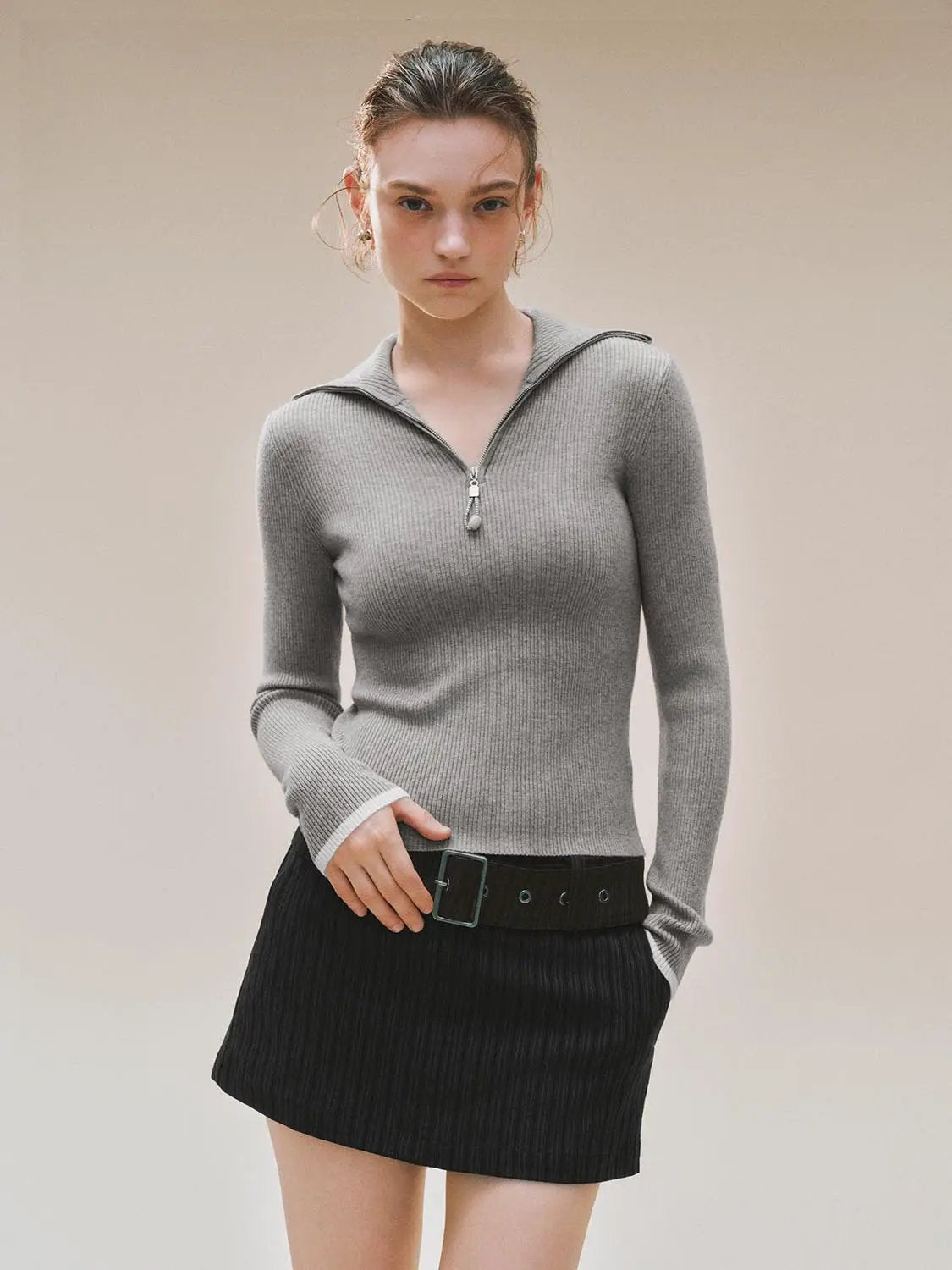 Ribbed Fitted Half Zip Long Sleeve Sweater