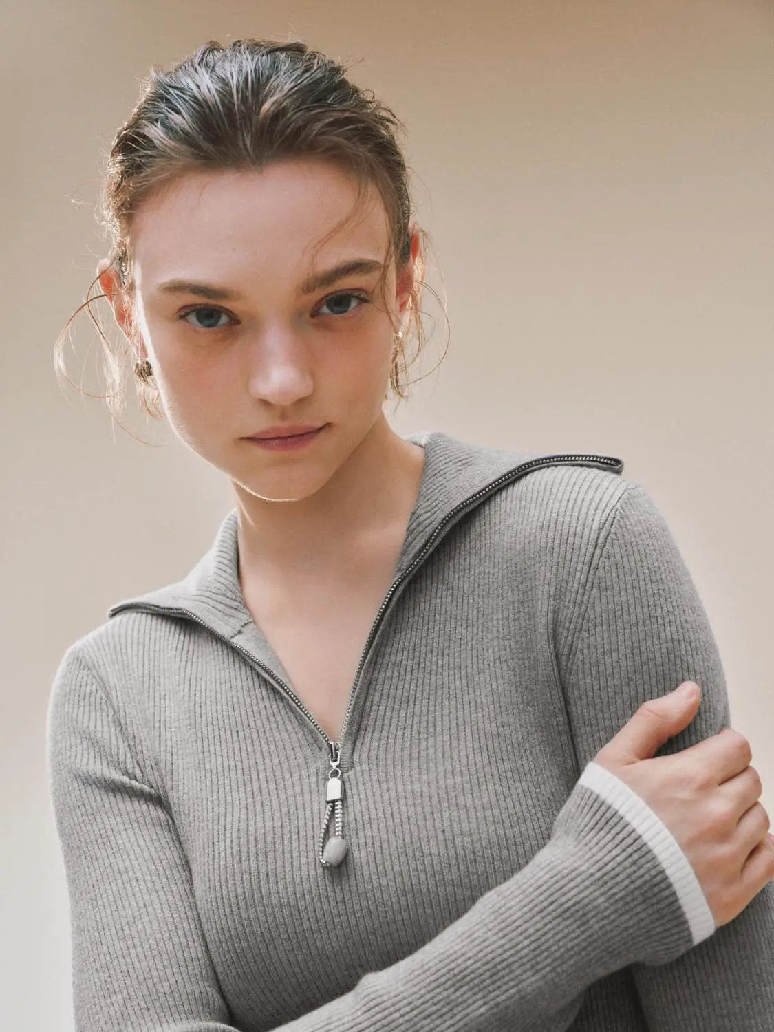 Ribbed Fitted Half Zip Long Sleeve Sweater