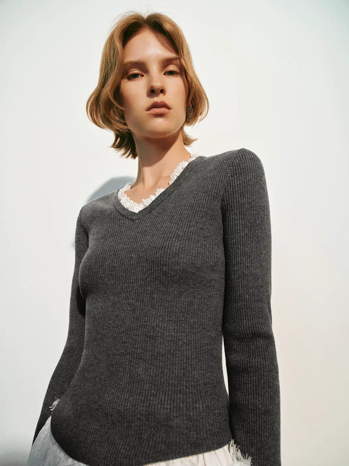 Ribbed Lace Trim V-Neck Long Sleeve Knit Sweater