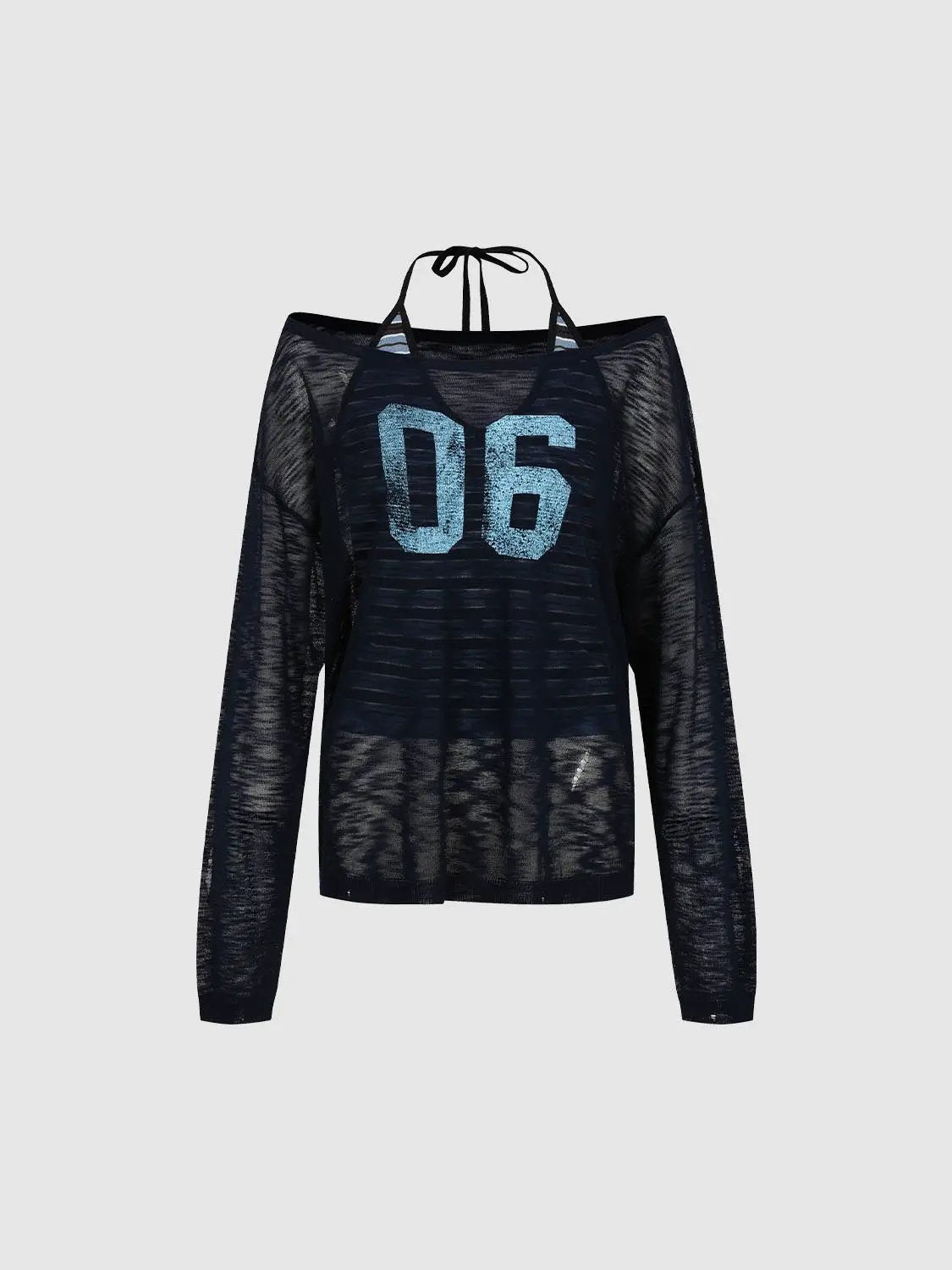 Number Print Sheer Halter Long Sleeve Knit T-shirt