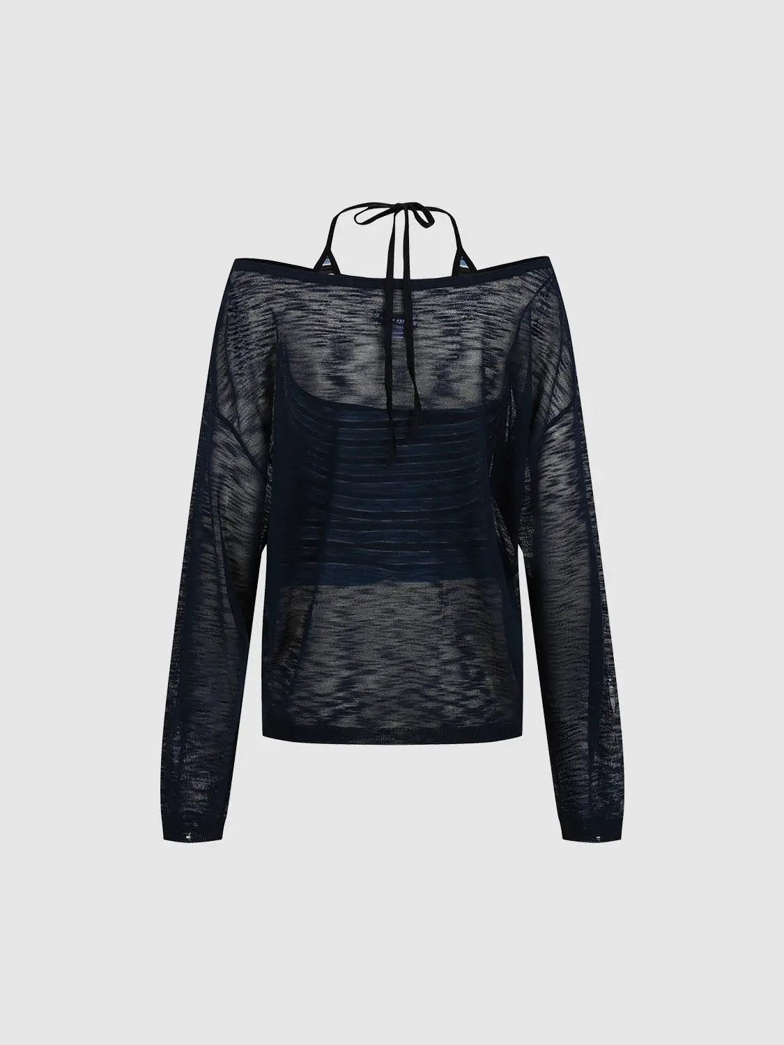 Number Print Sheer Halter Long Sleeve Knit T-shirt