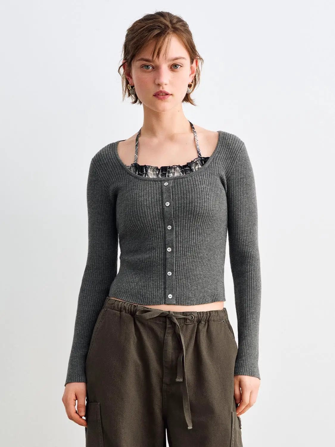 Fitted Ribbed Ruffled Button Front Long Sleeve Sweater