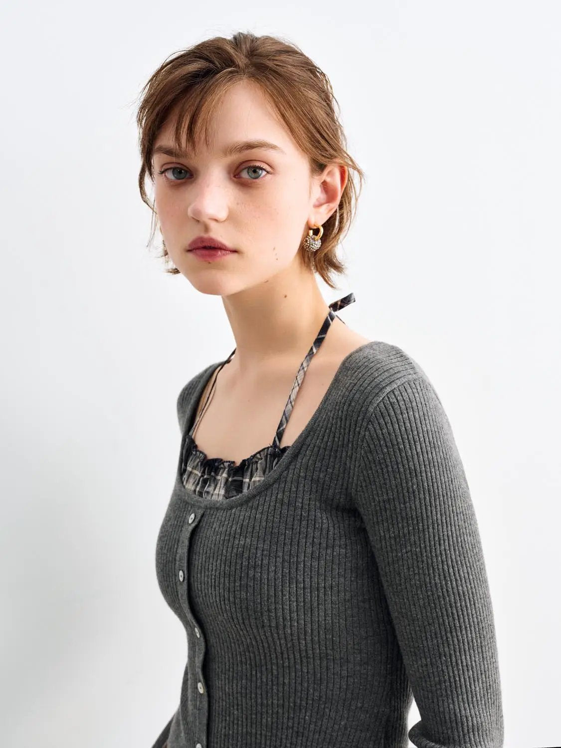 Fitted Ribbed Ruffled Button Front Long Sleeve Sweater