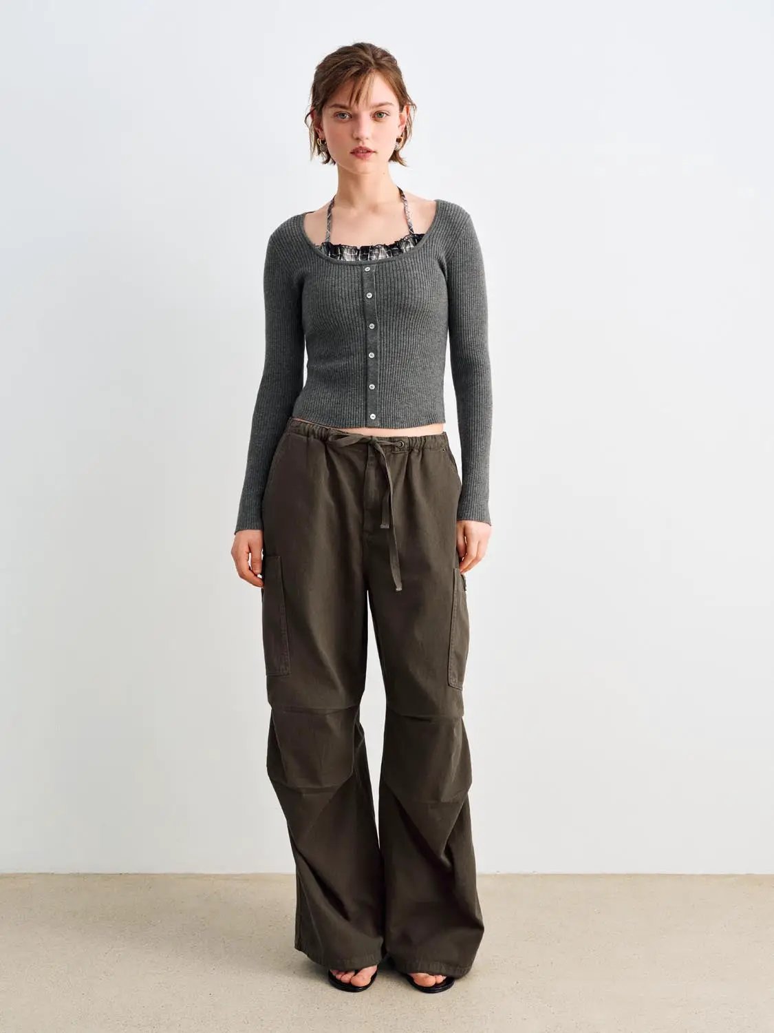 Fitted Ribbed Ruffled Button Front Long Sleeve Sweater