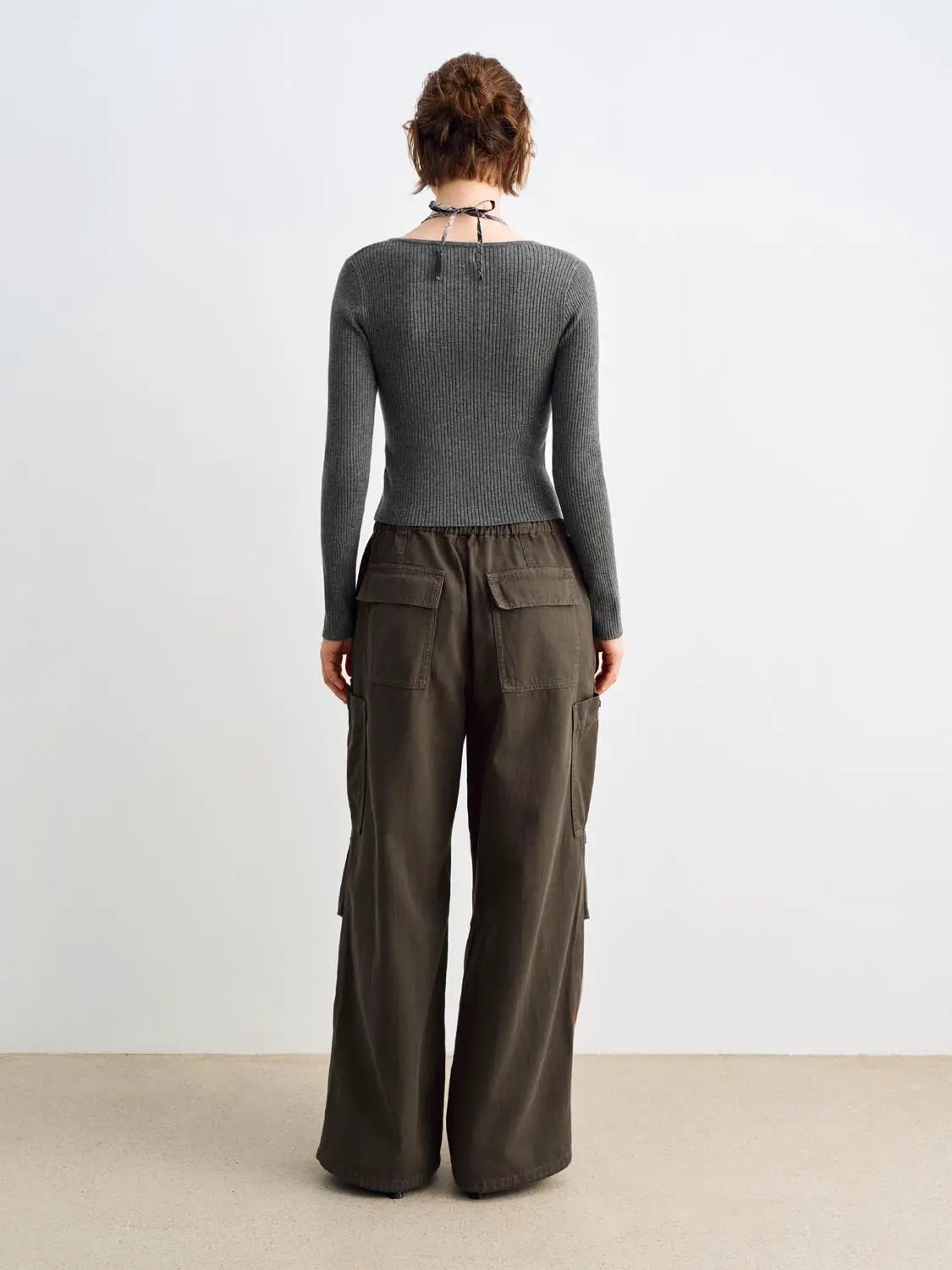 Fitted Ribbed Ruffled Button Front Long Sleeve Sweater