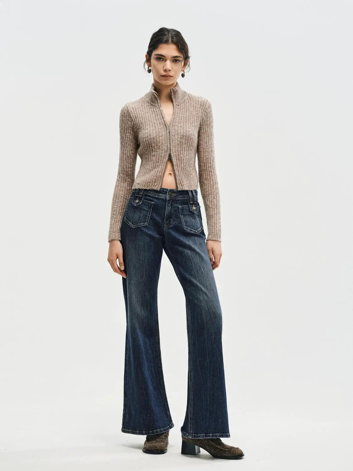 Cropped Ribbed Knit Long Sleeve Zip Jacket