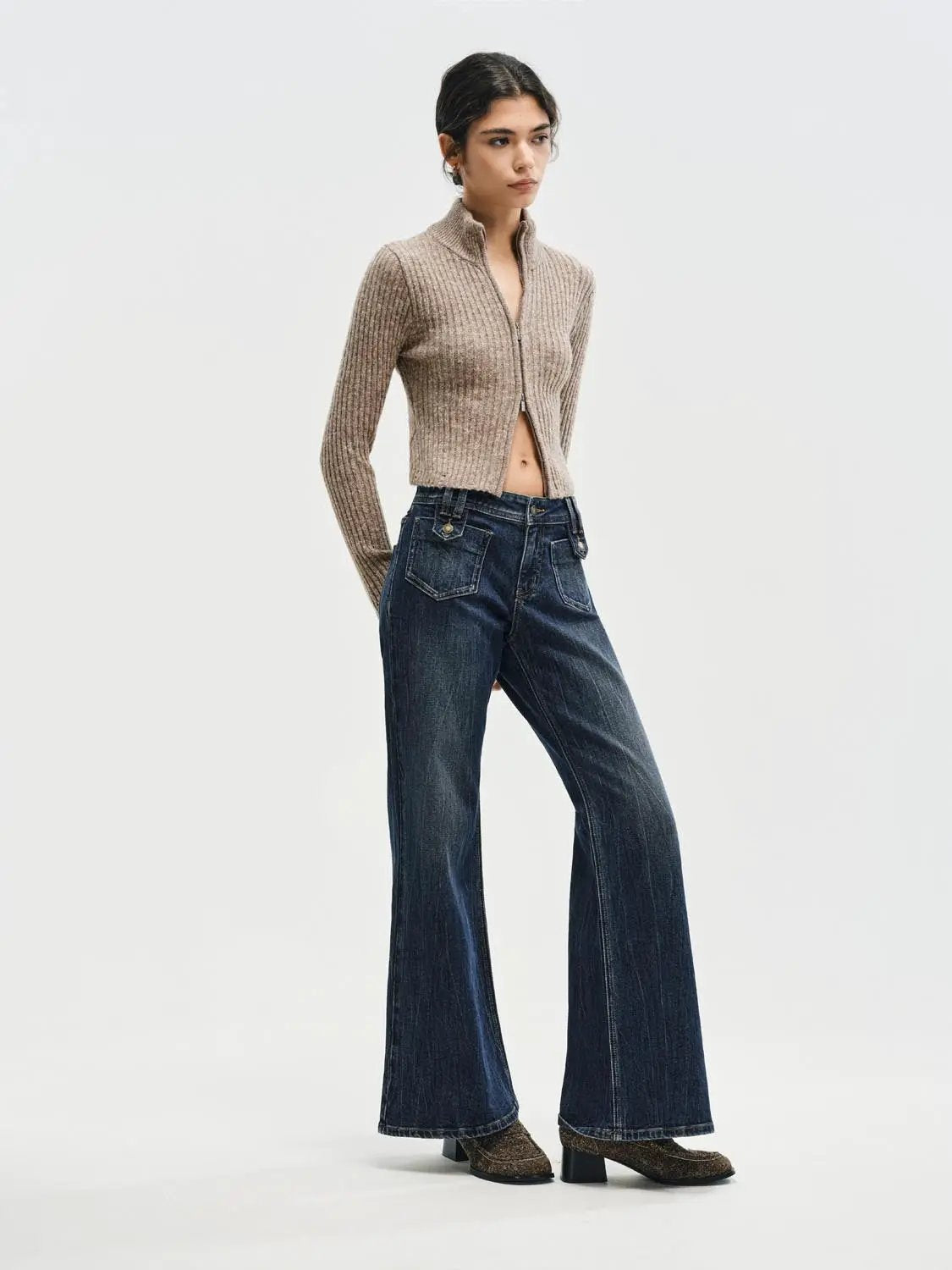 Cropped Ribbed Knit Long Sleeve Zip Jacket