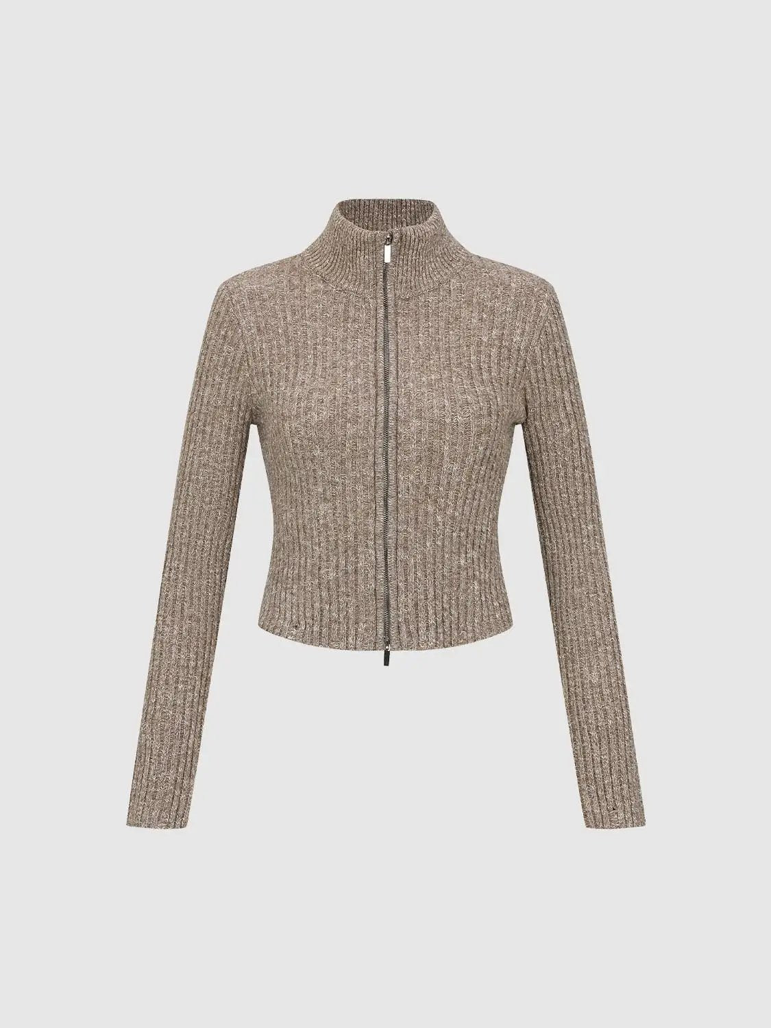 Cropped Ribbed Knit Long Sleeve Zip Jacket